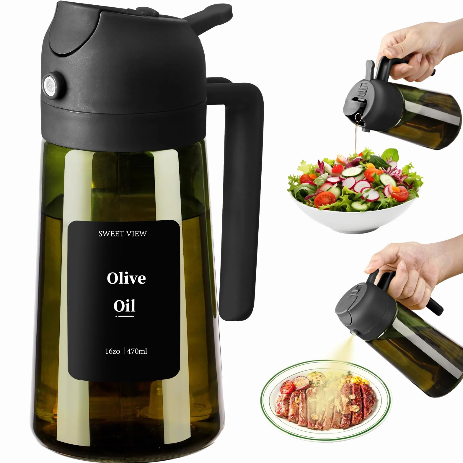 SWEET VIEW Aceitera Spray Pulverizador y Dispensador Aceite, vertedor de aceite de vidrio a prueba de luz de 470 ml para cocina, freidora de aire, cocina, ensalada y barbacoa