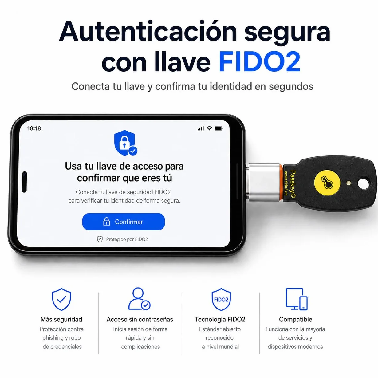 FIDO2 + U2F - USB A Y C - PassKey® FIDO2 Basic - FIDO2 Certified - ChipNet ID -Empresa Española con Soporte Personal.