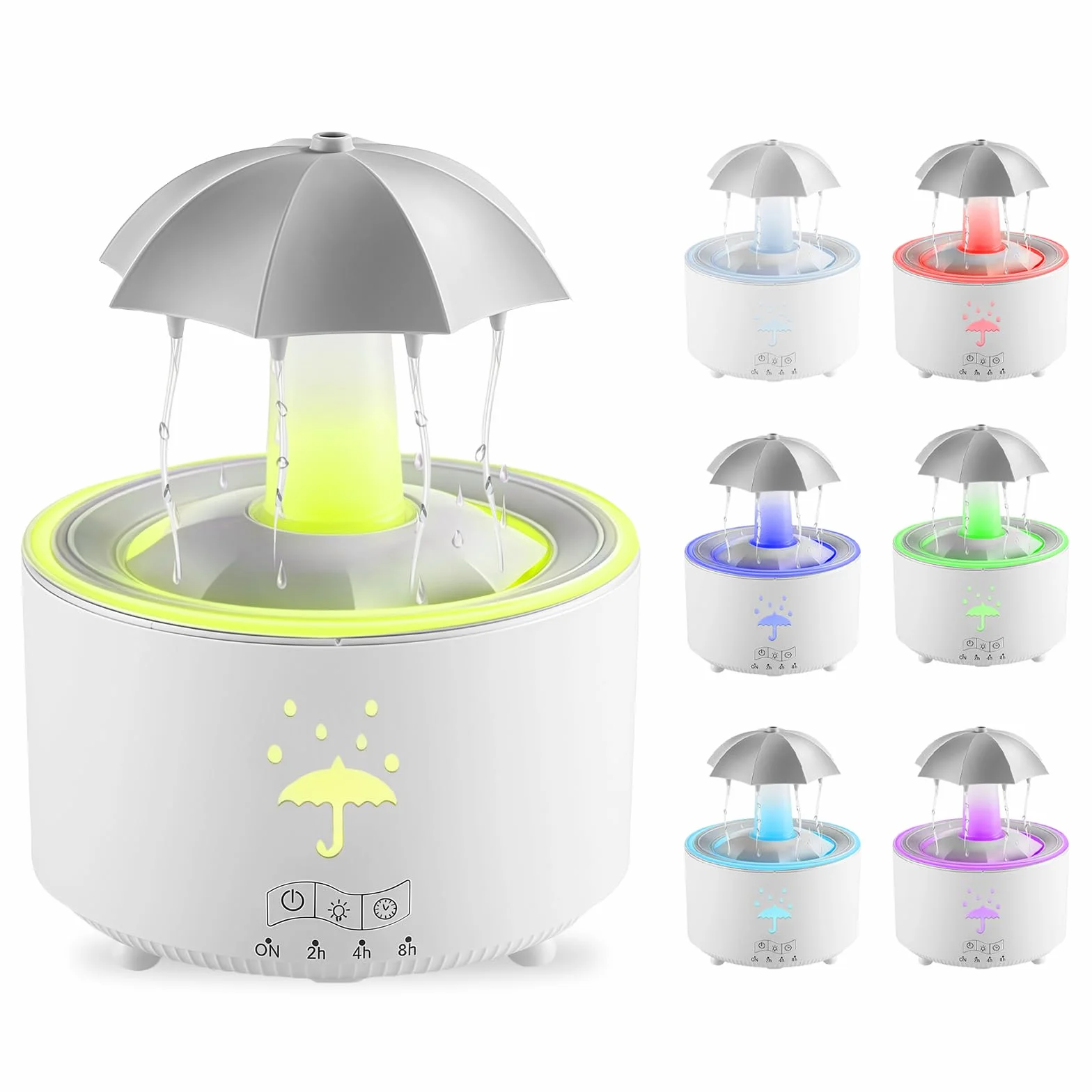 Humidificador paraguas, humidificador giratorio 300ml para dormitorio con mando a distancia y función temporizador, difusor de aromaterapia LED 7 colores