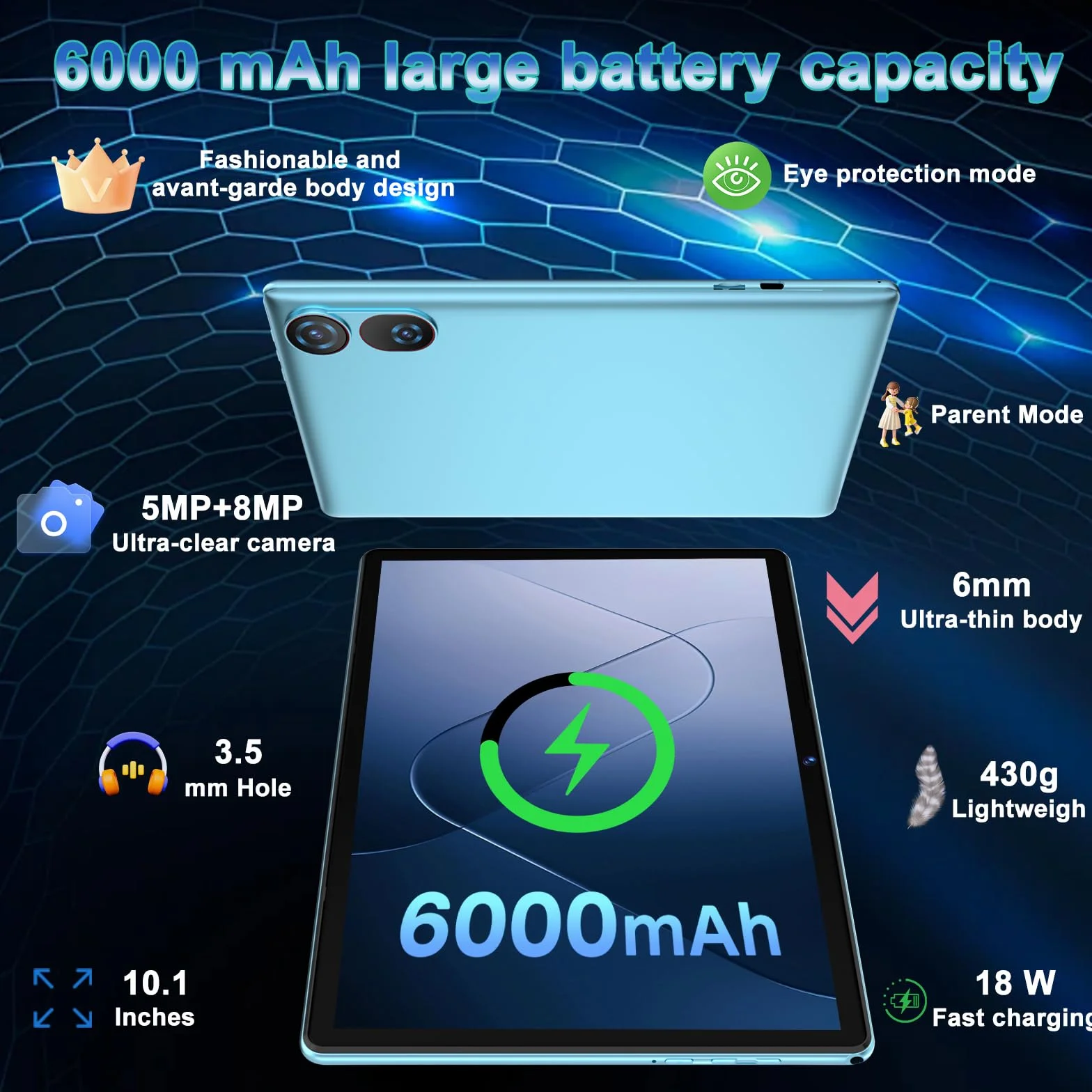 DMOAO Tablet 10 Pulgadas Android 15 con Gemini AI, 30 GB RAM + 2 TB ROM Expansión, 5G WiFi, GPS, Widevine L1, Octa-Core, BT 5.0, 6000mAh, USB-C, FHD Tablet con Teclado+ Ratón + Funda, Azul