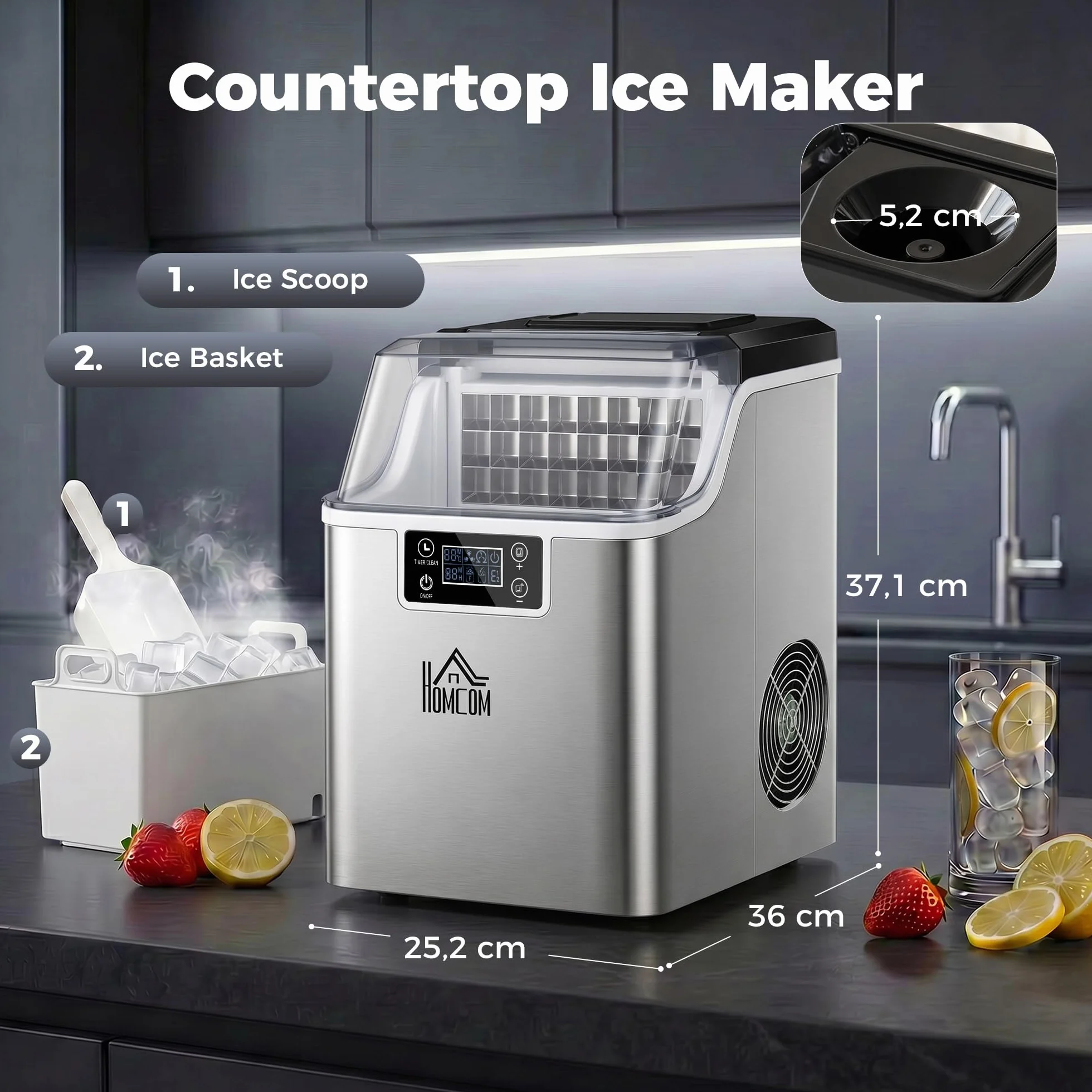 HOMCOM Máquina de hielo acero inoxidable 24 cubitos 14-18 min 20 kg/24h 3,2 L autolimpiable cocina