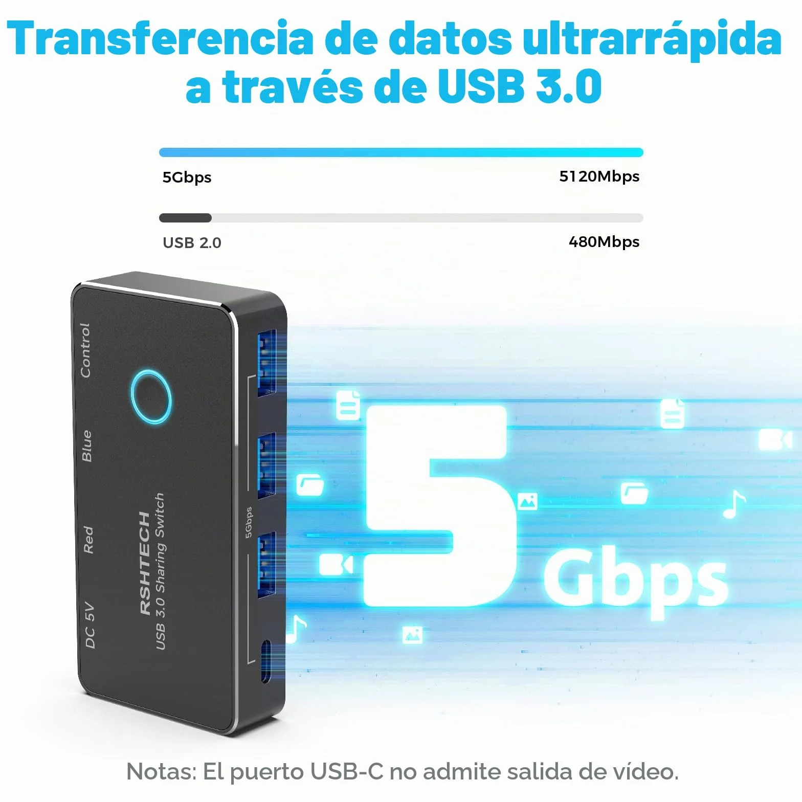 RSHTECH Switch USB 3.0/USB-C para 2 Computadoras Que Comparten 4 Puertos de Datos USB 3.0 (1C+3A), Selector Conmutador USB con 2 Cables y Control Remoto para PC, Portátil, Teclado, Ratón e Impresora
