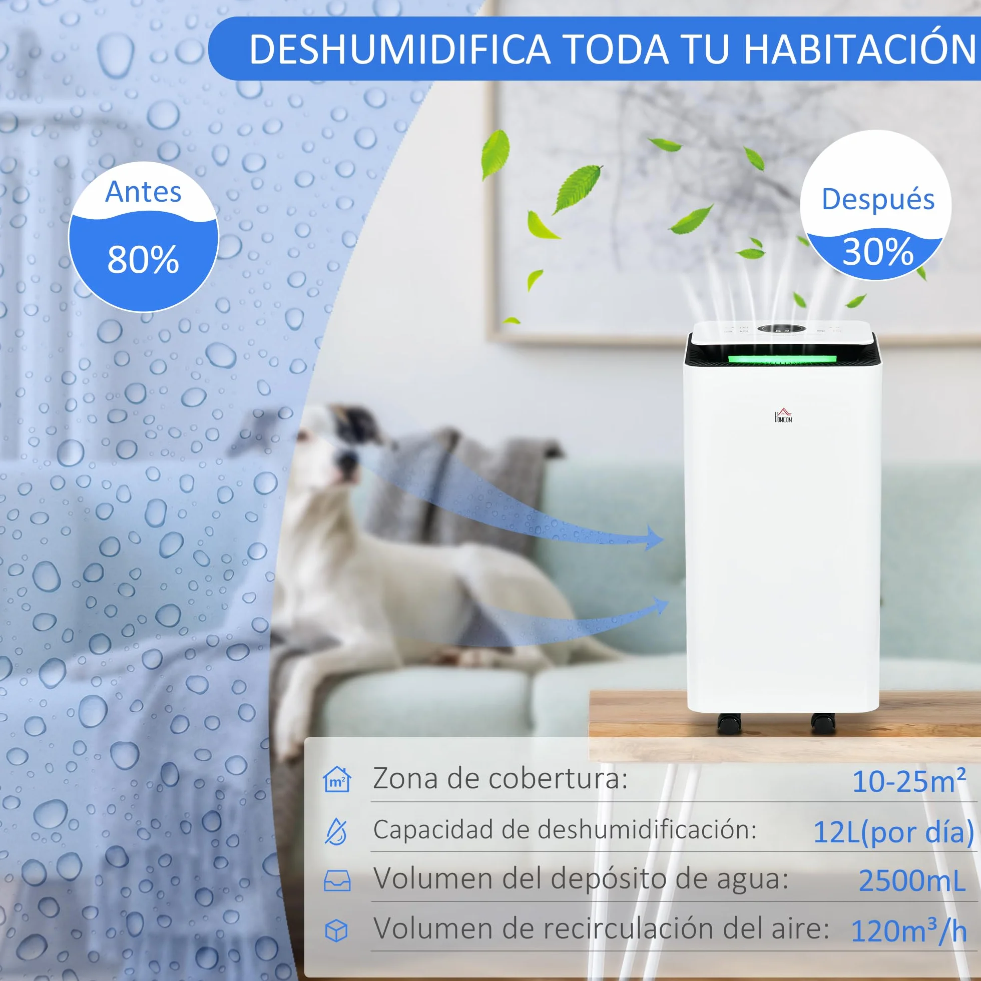 HOMCOM Deshumidificador Eléctrico 12L/día 2,5L Silencioso 5 Modos 2 Velocidades LED Temporizador Blanco 10-25m²