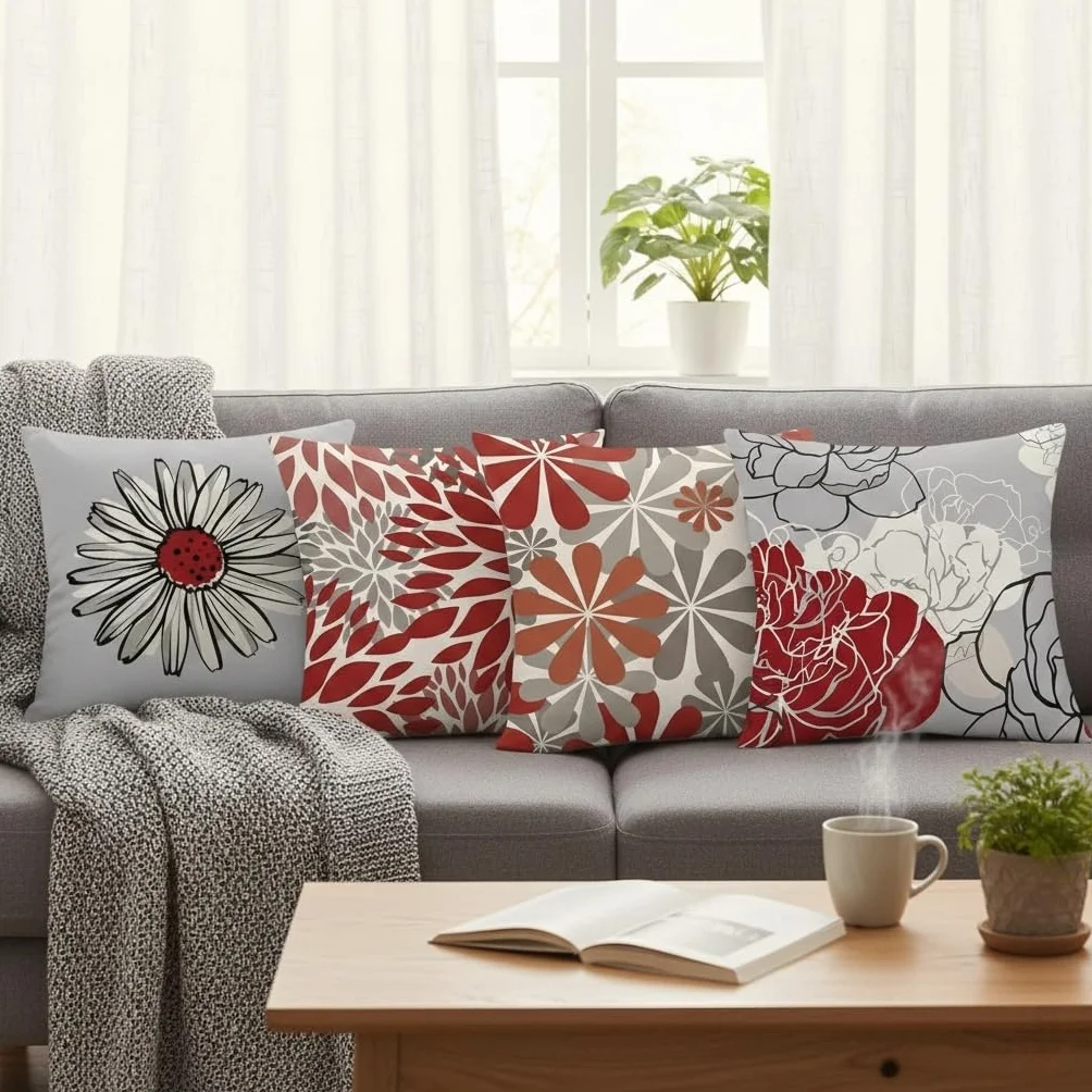 Fundas de Cojín 45x45 cm Lino Natural Blanco Diseño Margaritas Gris Rojo Transpirables Resistentes para Sofá