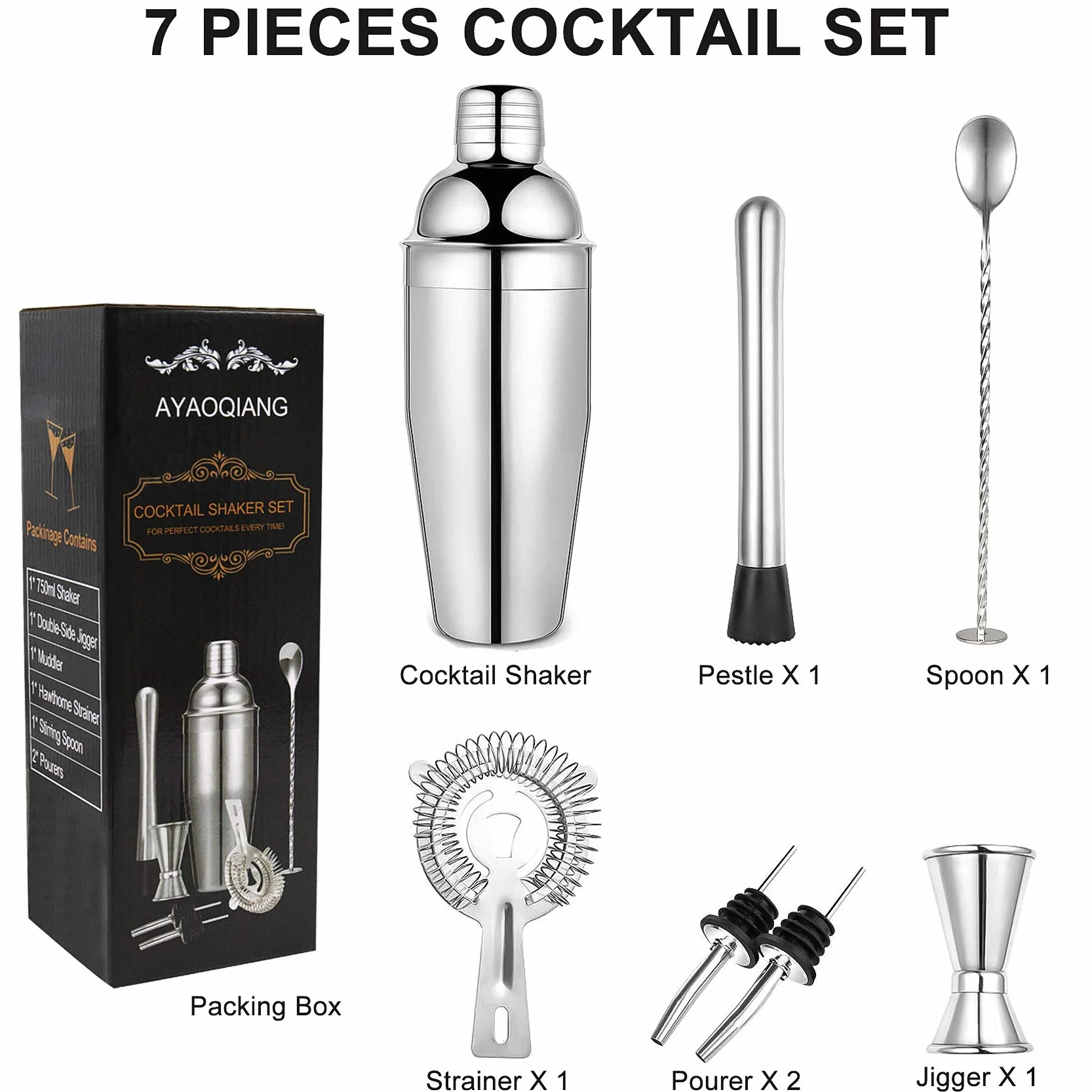 Juego de coctelera de Acero Inoxidable 750 ml 7 Piezas Barman con Doble Jigger