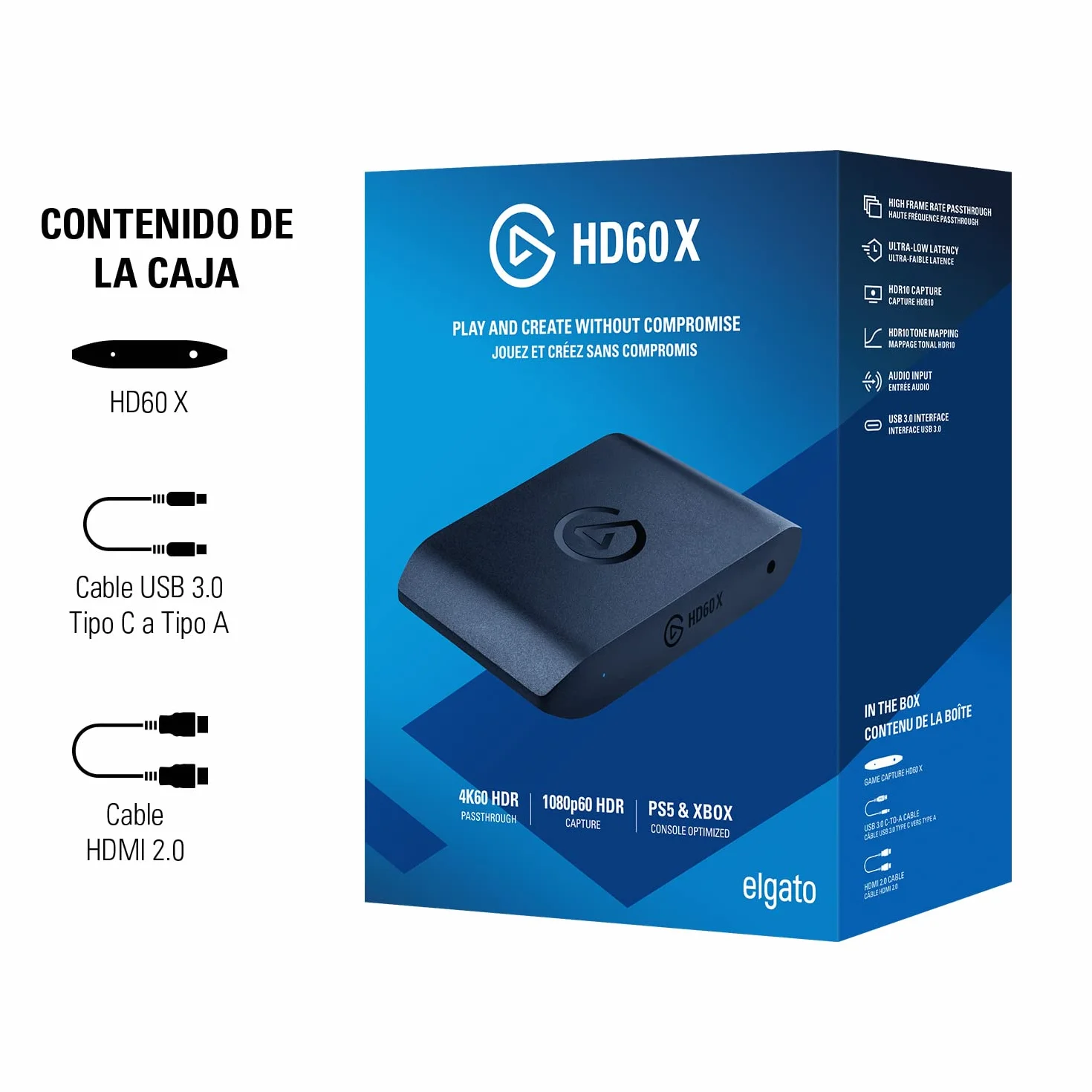 Elgato HD60 X - Haz streaming y graba a 1080p60 HDR10 o 4K30 con latencia ultrabaja en PS5|Pro, PS4|Pro, Xbox Series X|S, Xbox One X|S, Nintendo Switch 2, en OBS y otros, funciona con PC y Mac