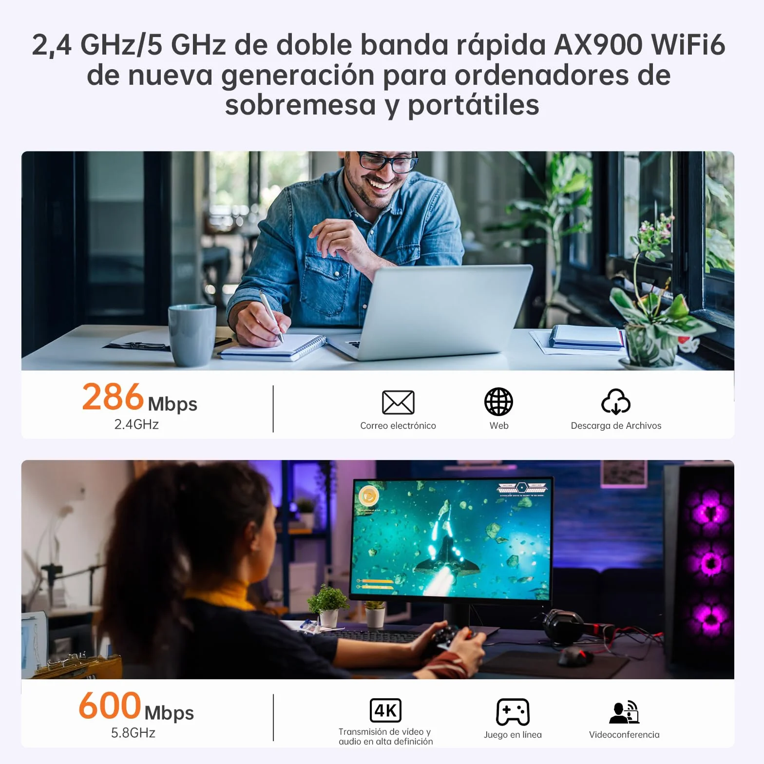 2 en 1 Adaptador WiFi 6 AX900 + BT5.4 Bluetooth USB WiFi para PC, Doble Banda 5 GHz/2,4 GHz Antena WiFi, Controlador Integrado para Windows 10/11, Seguridad WPA3(Gris Claro)