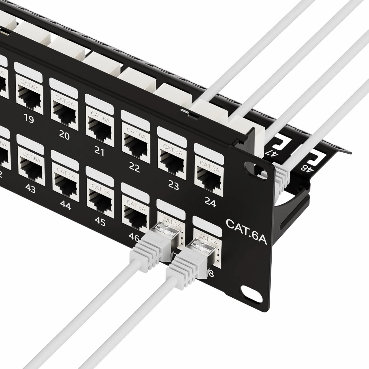 iwillink Panel de conexión de 10 Gbps de 48 puertos, RJ45 blindado a través de Cat6A, paneles de conexión STP de 19 pulgadas 2U con Keystone en línea y barra trasera extraíble