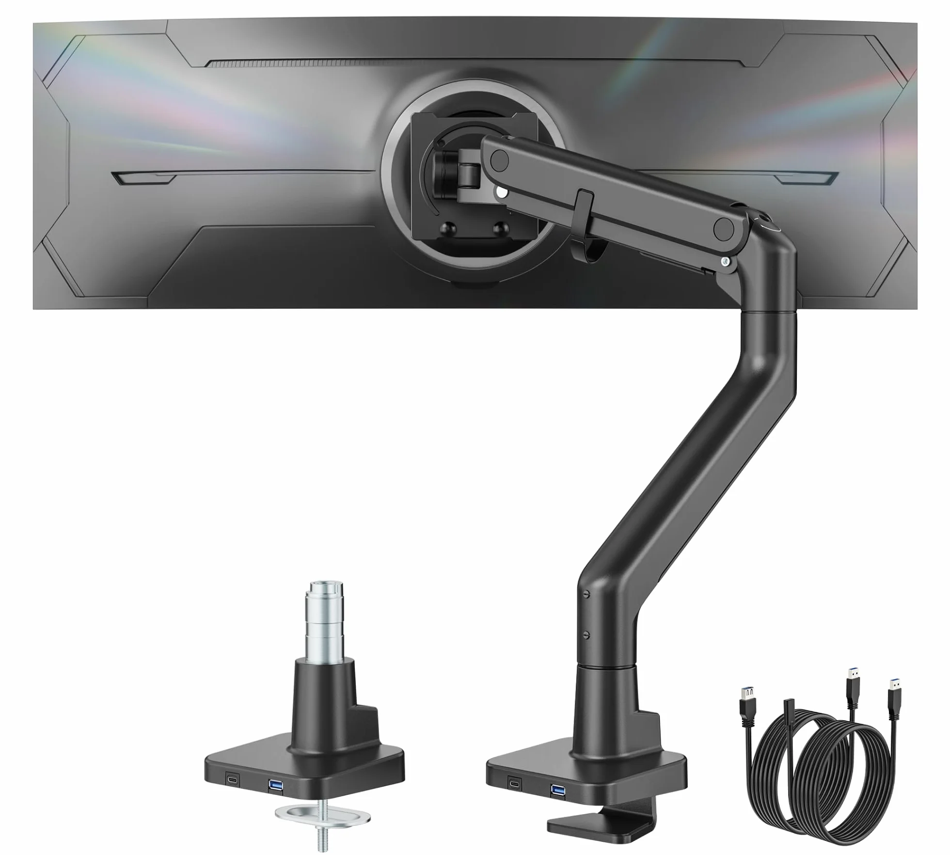 monTEK Soporte Monitor con USB para 17-57", hasta 27 kg | Brazo con resorte de gas, altura ajustable y movimiento completo para monitores ultrapanorámicos, VESA 75x75/100x100, negro.