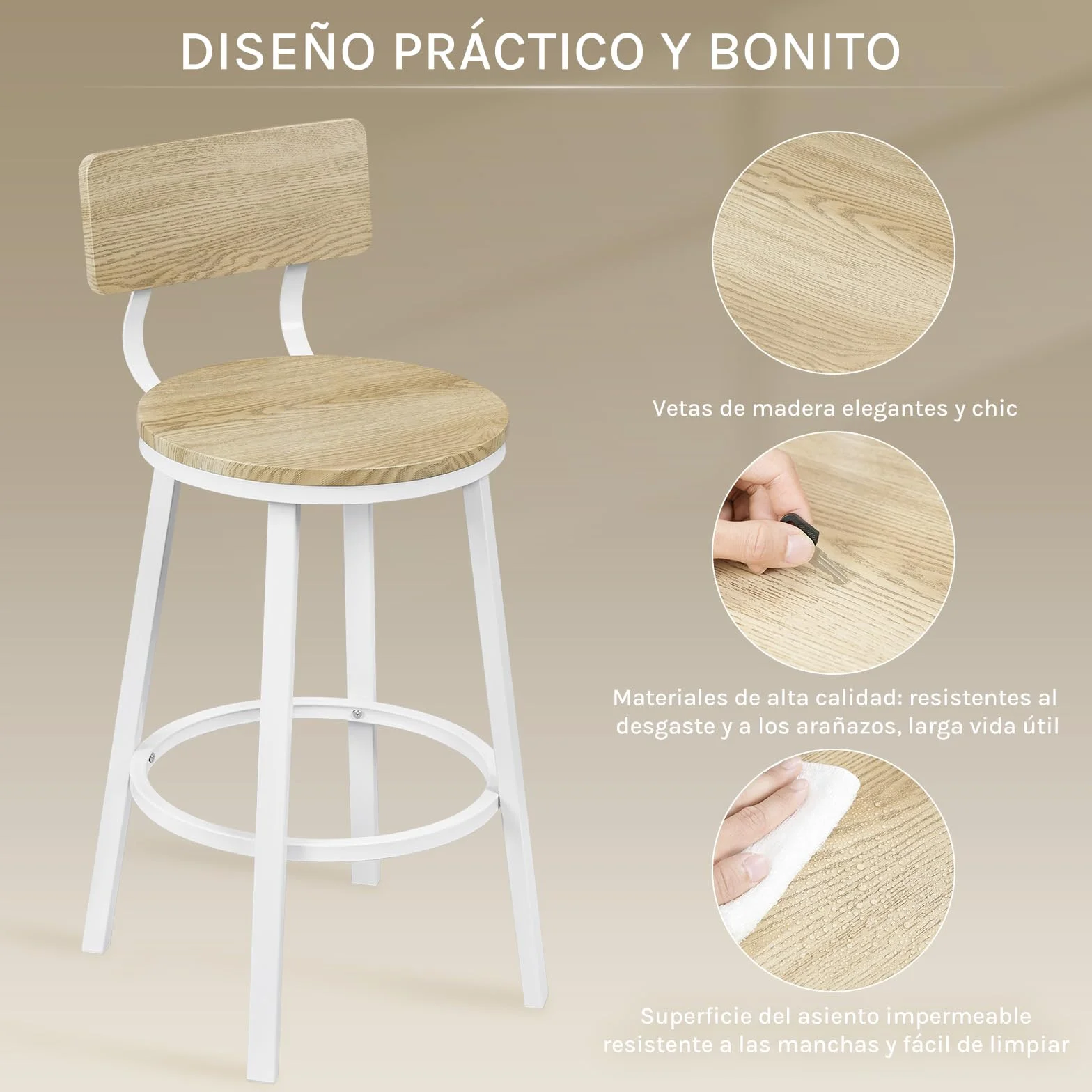 WOLTU Taburetes Bar Juego de 2, Taburetes Altos Cocina con Respaldo y Reposapiés, Base de Metal, Roble Claro