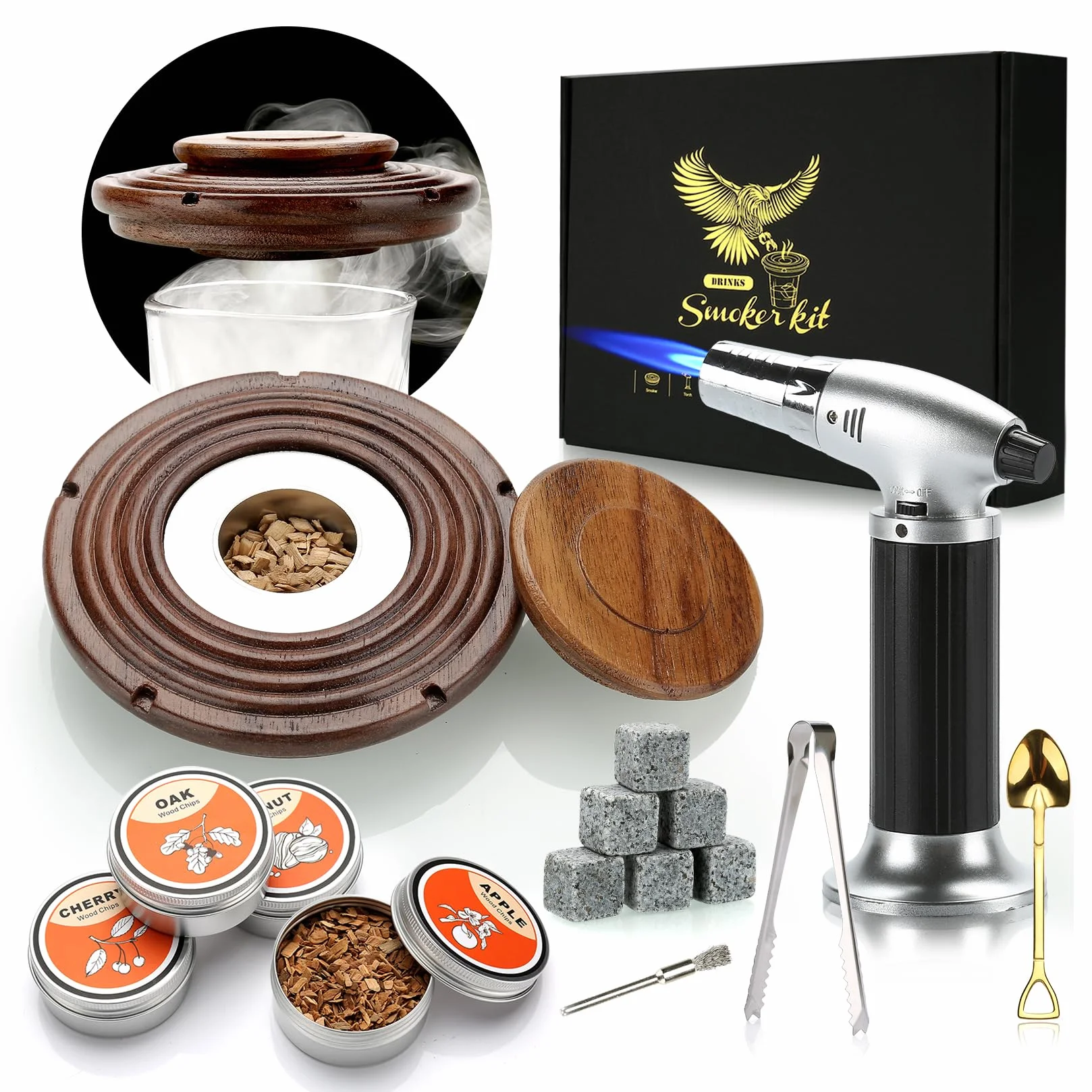 Walnut Kit de Ahumador de Cóctel con Mechero Madera para Whisky Bourbon Regalo