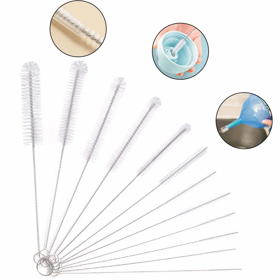 Vicloon Set de 12 Cepillos de Limpieza para Botellas, 21cm, Nylon, Tubo y Pajita - Blanco