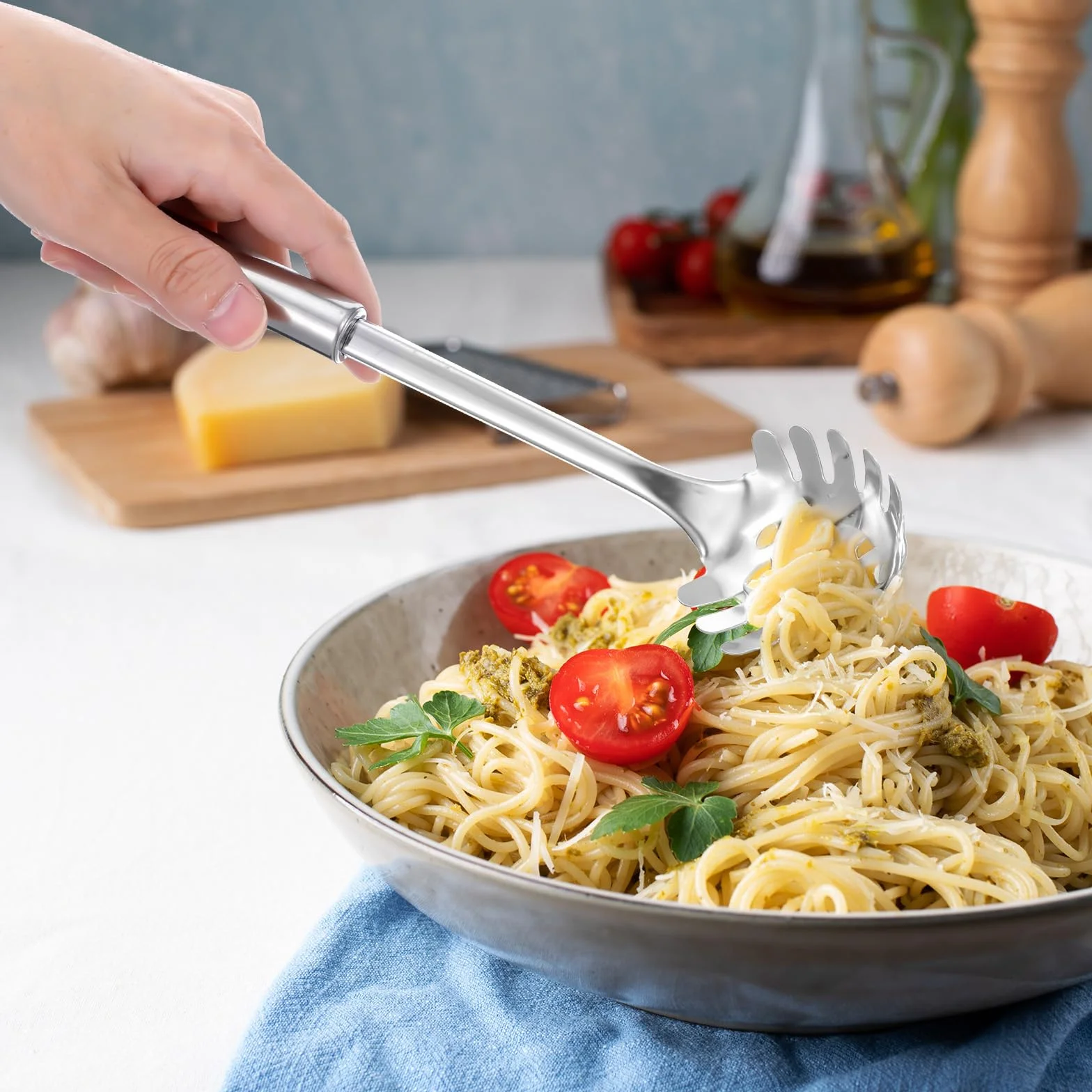 Cuchara de espagueti de acero inoxidable 12 pulgadas, cucharón de pasta con mango ergonómico