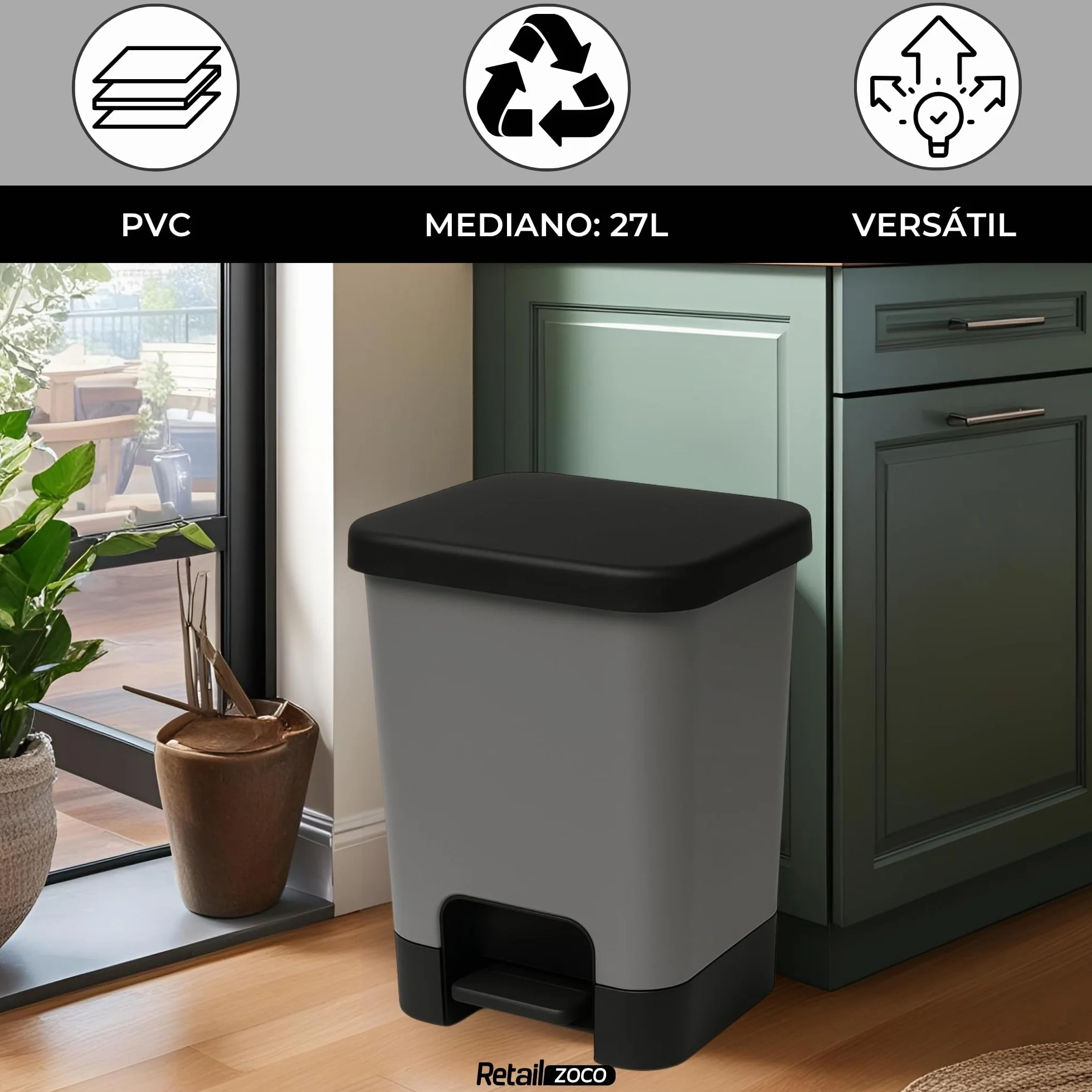 TECHZOCO Cubo basura plástico apertura pedal 27L 45x38x32 cm Gris/Negro