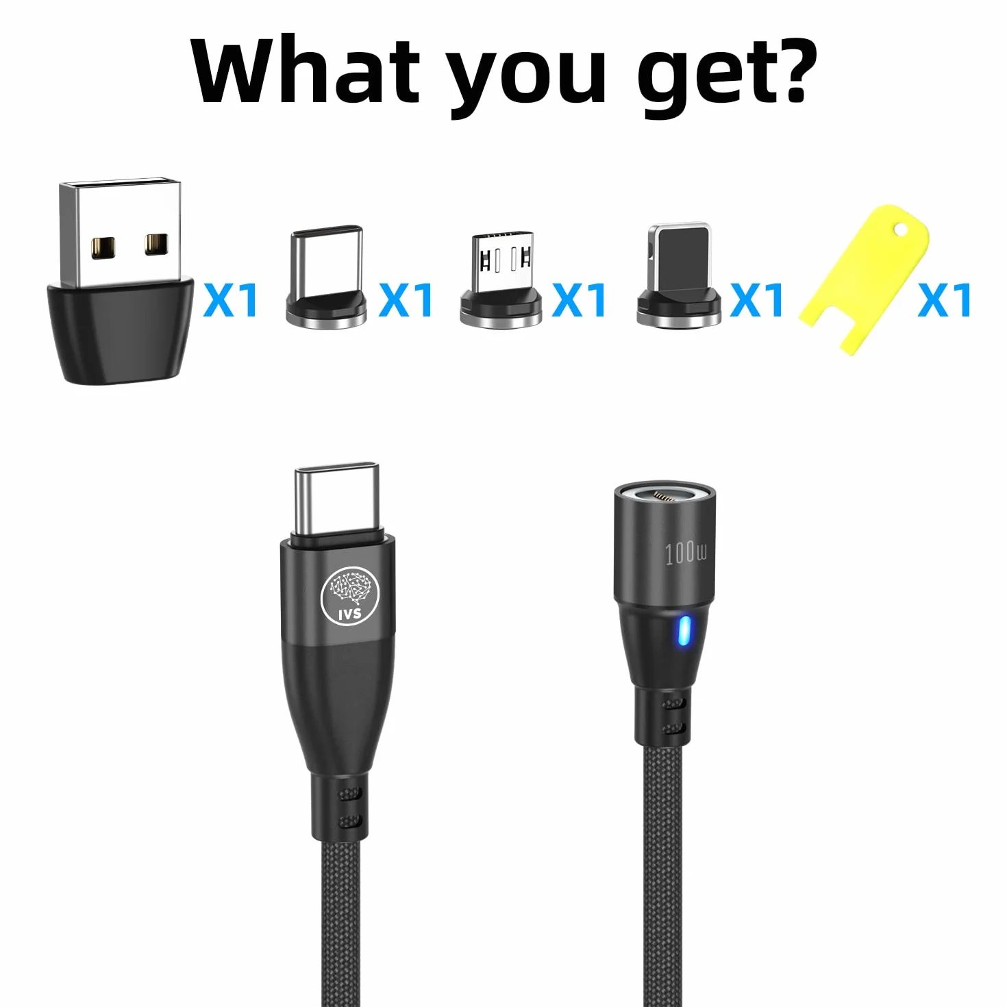 Cable USB Magnetico Carga Rapida Tipo C 5A/100W - Usb C a Usb C - 27W PD iProducts - 18W QC Micro Usb- Portatiles Tablet Movil... (6 Combinaciones) Cable Magnetico Tipo C, Cargador iman (Negro)