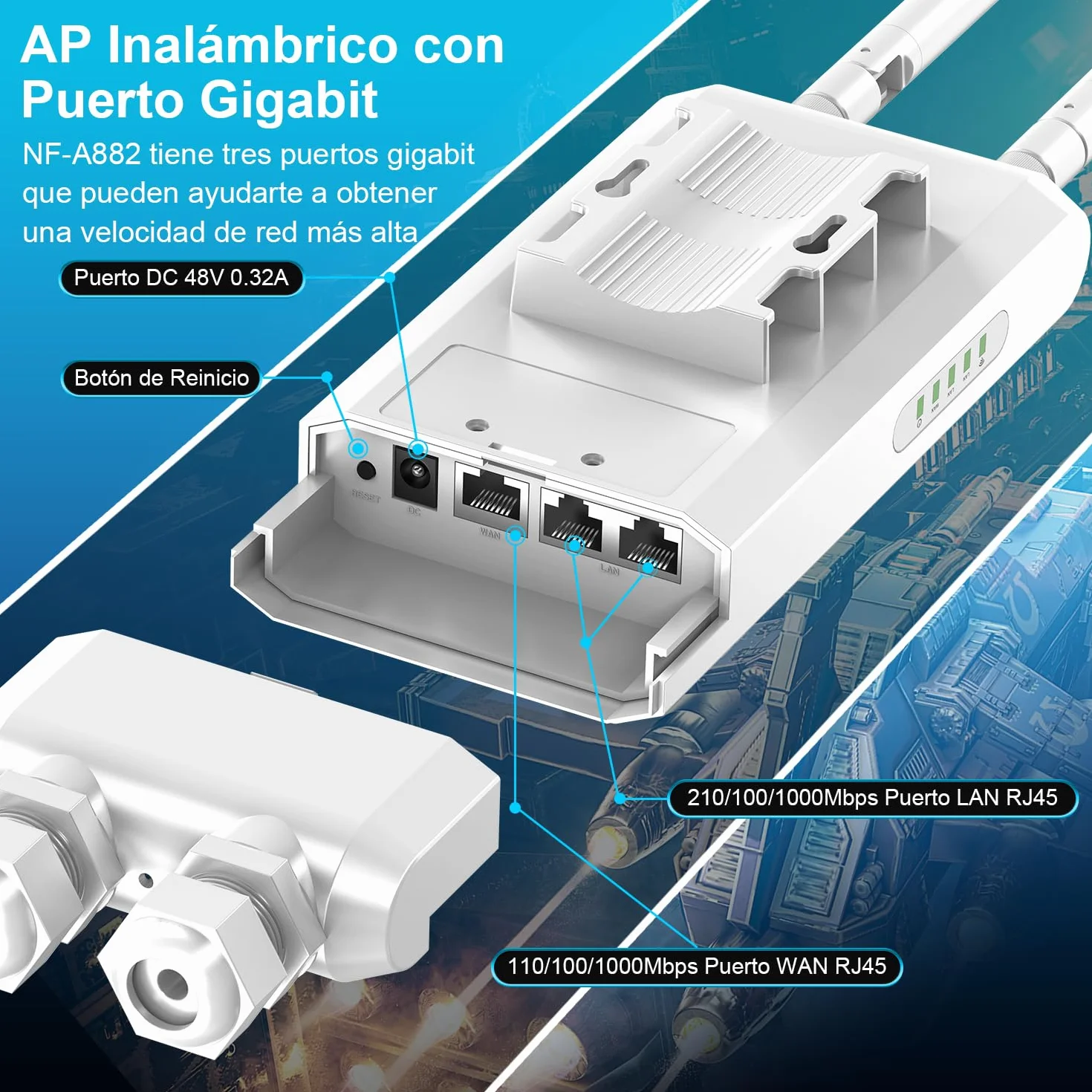 NEWFAST 1200Mbps Repetidor WiFi Potente Exterior Largo Alcance Doble Banda 2.4GHz/5GHz con 48V PoE Power, 3*Puerto Gigabit Ethernet, 2 * 5dBi Antena, Amplificador de Señal WiFi Exterior IP66