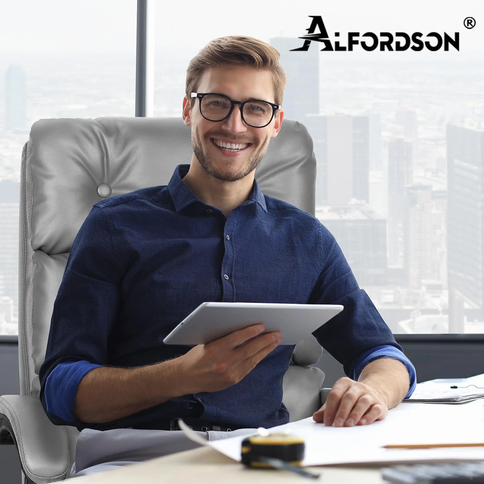 ALFORDSON Silla Oficina Ejecutiva Ergonómica Reclinable con Reposapiés, Cuero PU Gris