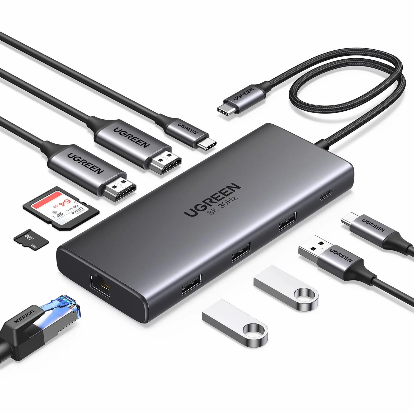 UGREEN Revodok Pro 210 Docking Station USB C 10 En 1 Doble HDMI 8K30Hz 4K60Hz Hub Adaptador Tipo C a Ethernet RJ45 Gigabit PD 100W Lector Tarjeta SD TF Compatible con MacBook Pro Air M4 M3 M2 M1