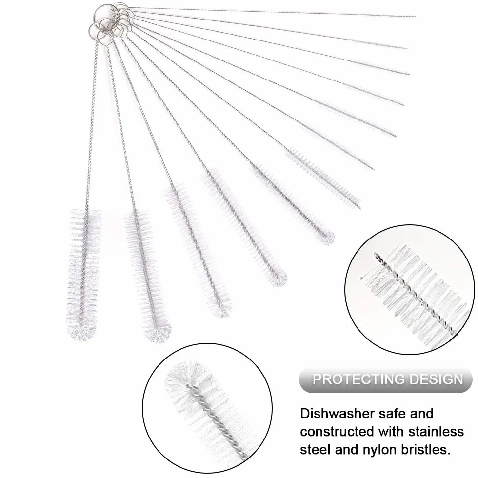 Vicloon Set de 12 Cepillos de Limpieza para Botellas, 21cm, Nylon, Tubo y Pajita - Blanco