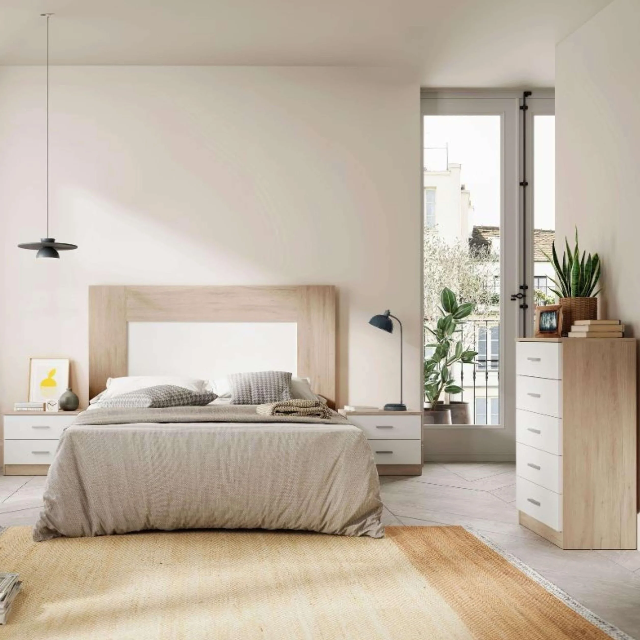Miroytengo Conjunto Muebles Dormitorio Matrimonio con Cómoda, 2 Mesitas Noche 3 Cajones y Cómoda 5 Cajones Color Blanco y Sahara