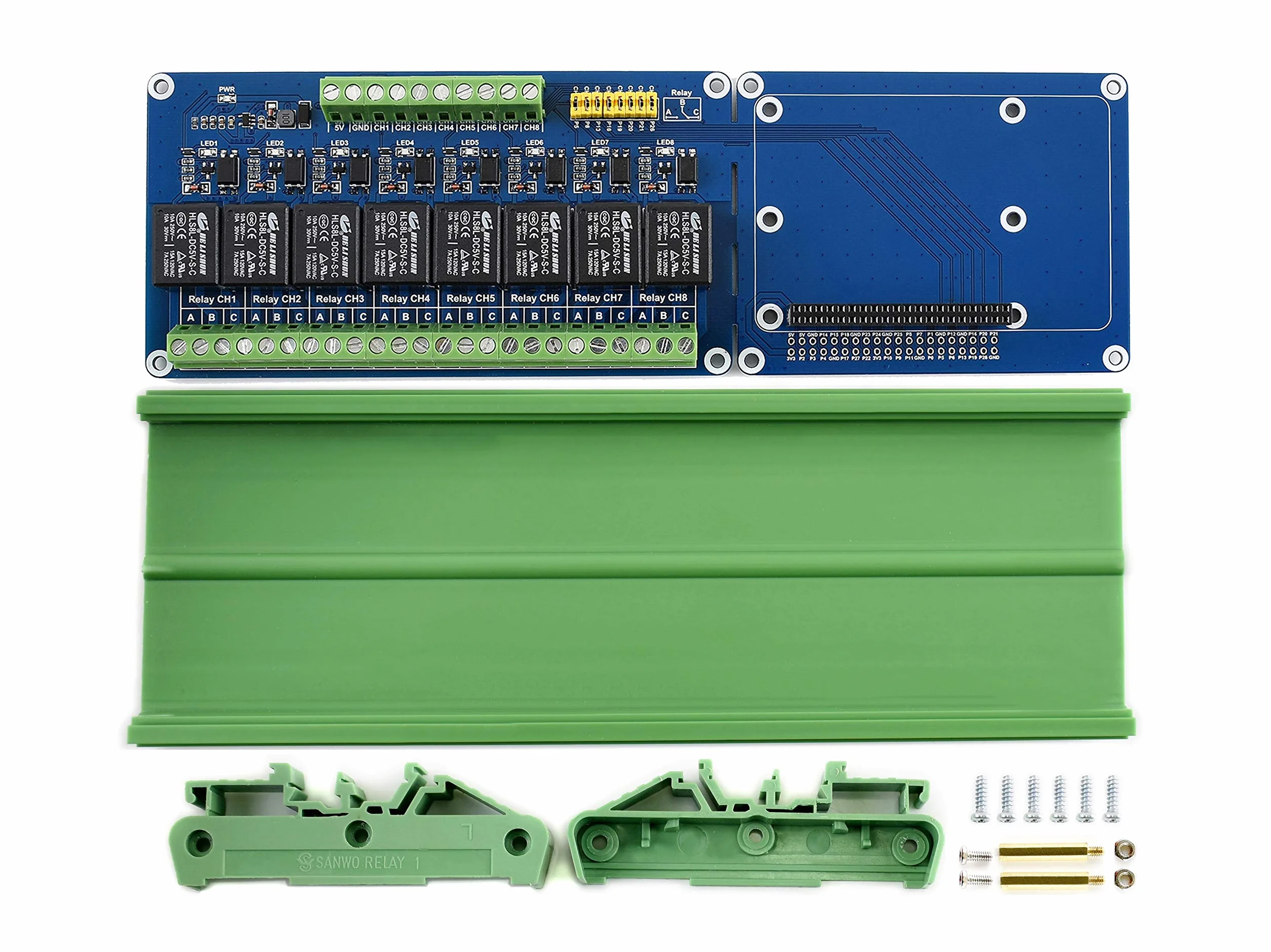 Waveshare 8-ch Relays Expansion Board Compatible with Raspberry Pi Control High Voltage Products Standard Rail Mount Bottom Case