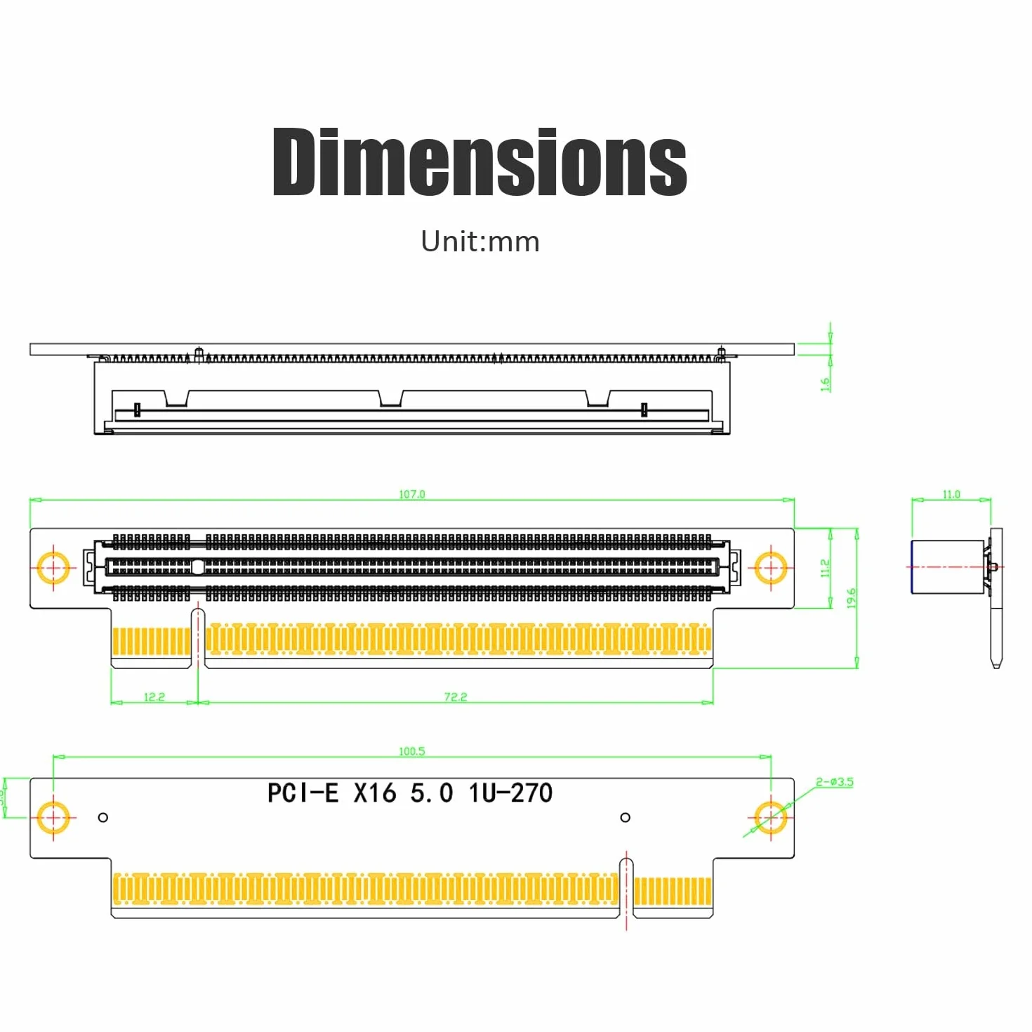 GLOTRENDS PA17 PCIe 5.0 X16 Tarjeta adaptadora elevadora, ángulo Izquierdo y Perfil bajo para instalación en servidores 1U/2U.