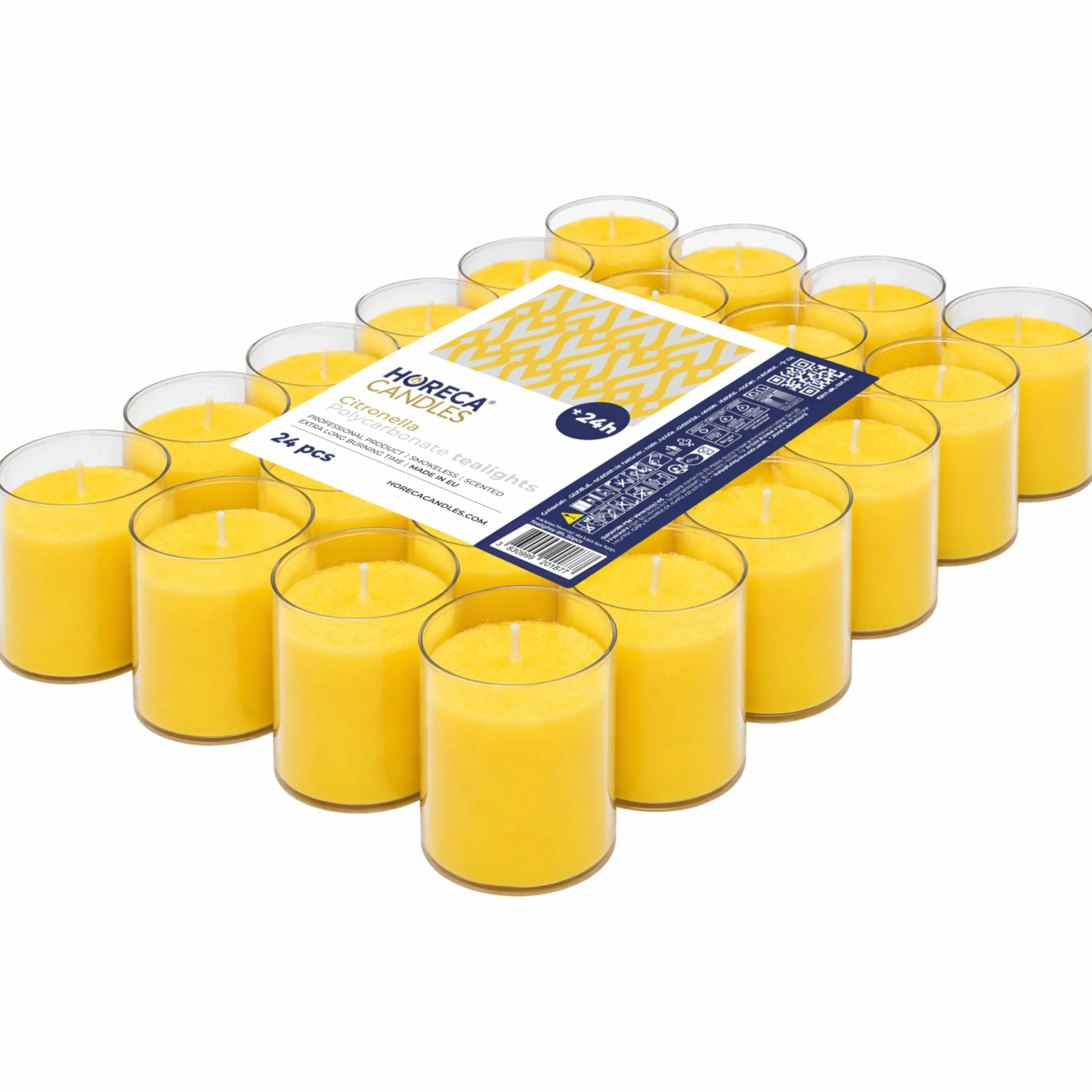 Horeca Candles - Velas de té de citronela en funda de plástico transparente - Amarillo - 24 unidades - 24 horas de combustión larga - Velas aromáticas para exteriores, balcón, picnic, camping