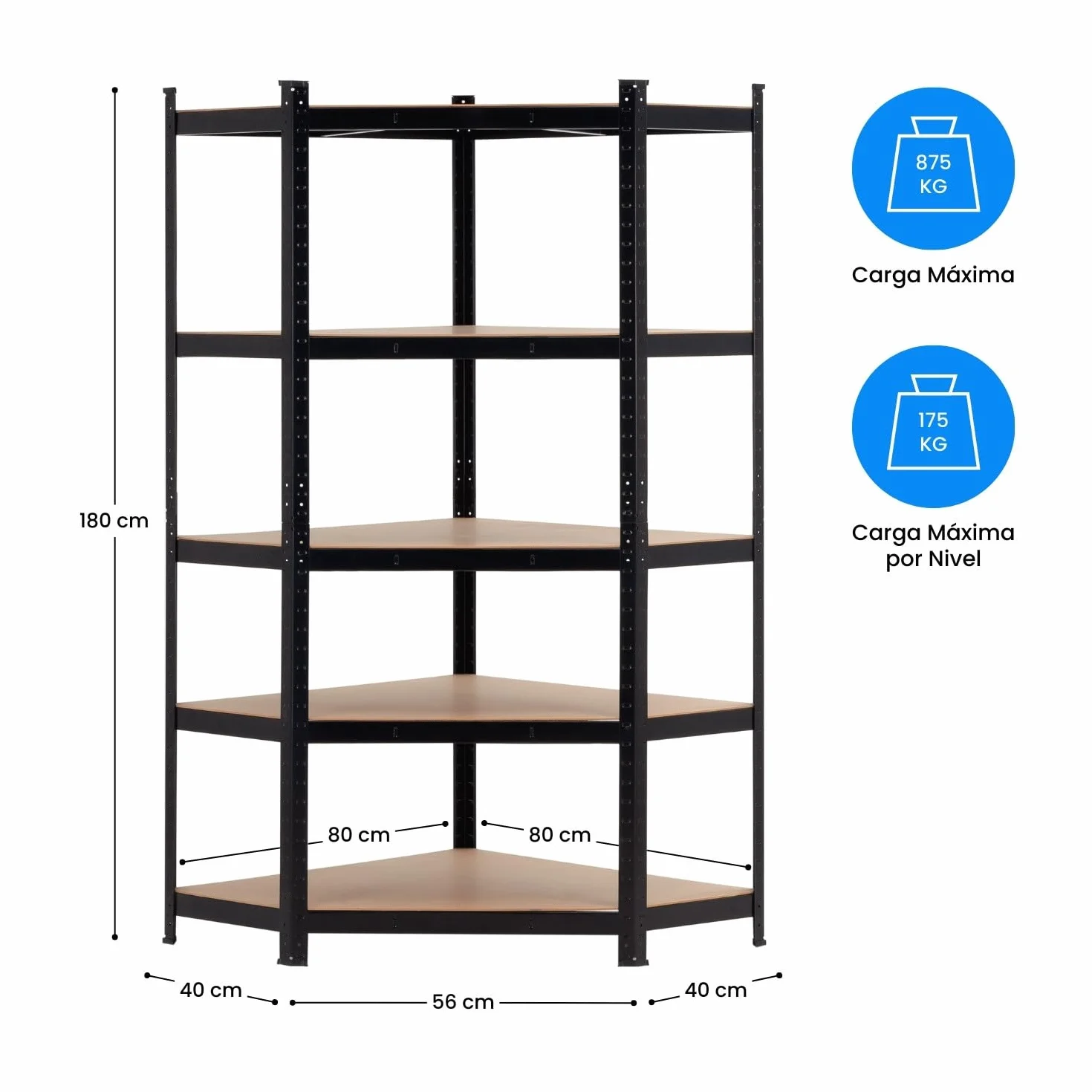 Estantería Modular Esquinera THINIA HOME, Acero y MDF Antihumedad, 5 Baldas Ajustables, Carga Máx. 875Kg, 80x40x56x180cm