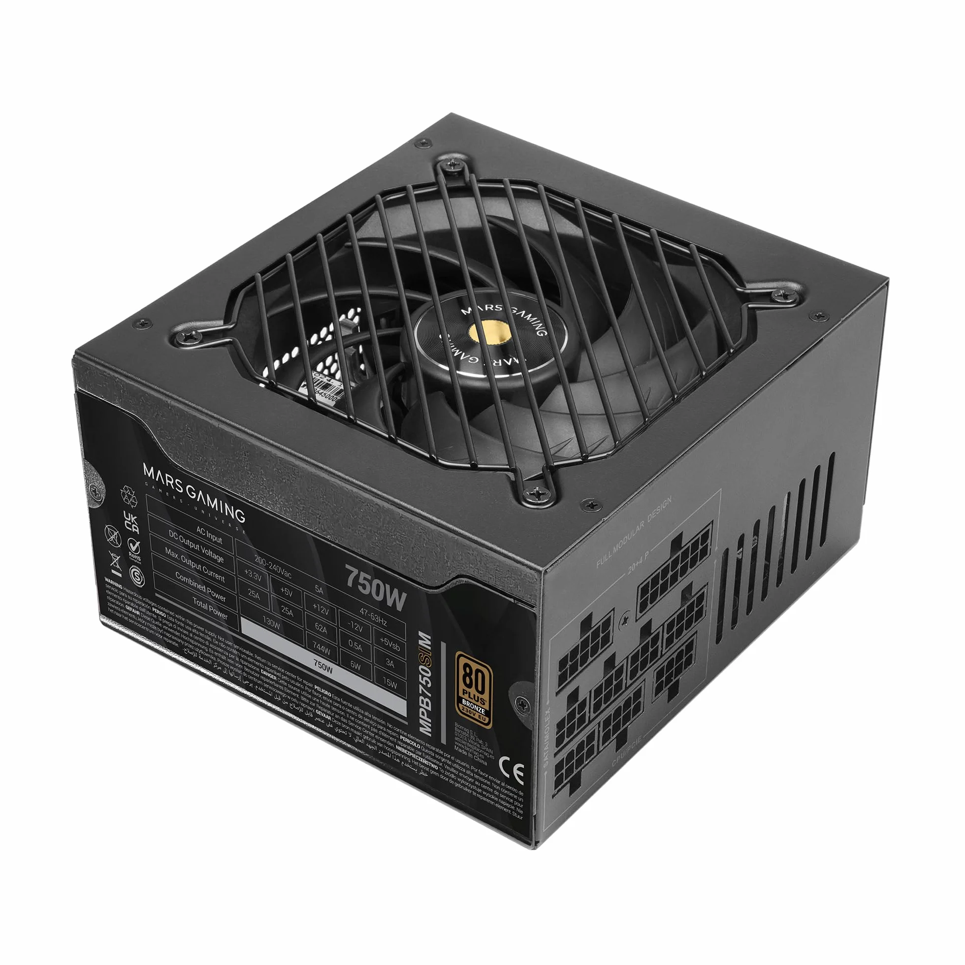 Mars Gaming MPB750SIM, Fuente Alimentación Full Modular ATX 750W, 7 Años Garantía, 80Plus Bronze 230V EU, 90% Eficiencia, Ventilador SI Extreme Silence 140mm, Tecnologías AI2-RPM, DC-DC y SMD, Negro