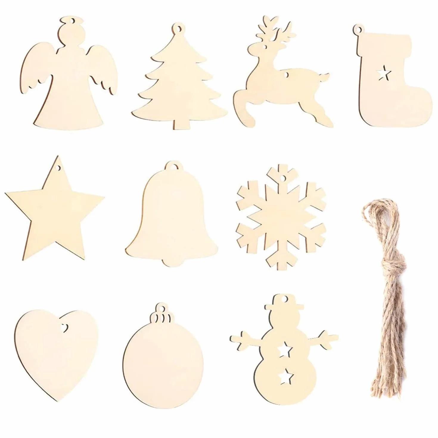 Adornos de madera para árbol de Navidad, 100 colgantes DIY con cuerda