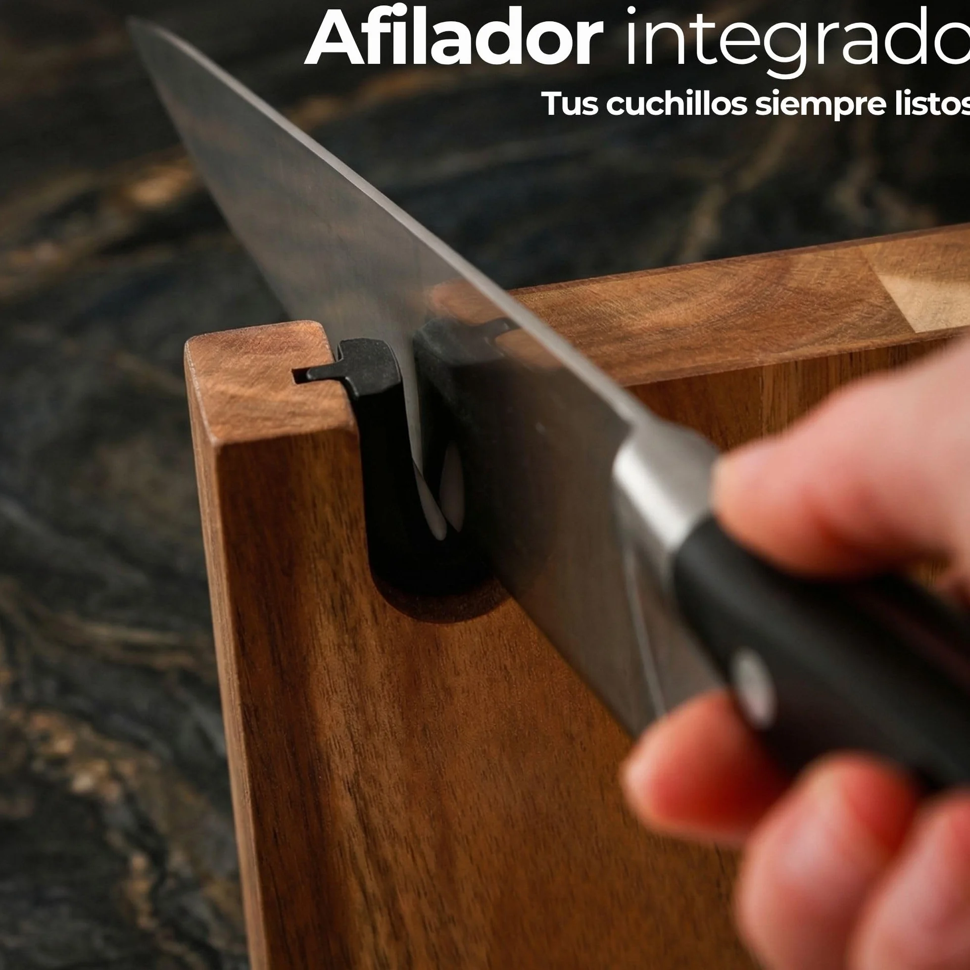 Soporte magnético cuchillos cocina XL con afilador integrado madera maciza Acacia