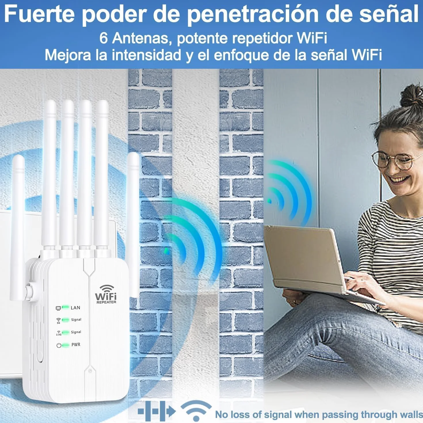 Repetidor WiFi,Amplificador señal WiFi Potente,6 Antenas,2 Puertos LAN,Cobertura Total de 360°,Cobertura de hasta 11800Sq.Ft,repetidor WiFi Largo Alcanc,para oficinas y hogares,Easy Set up