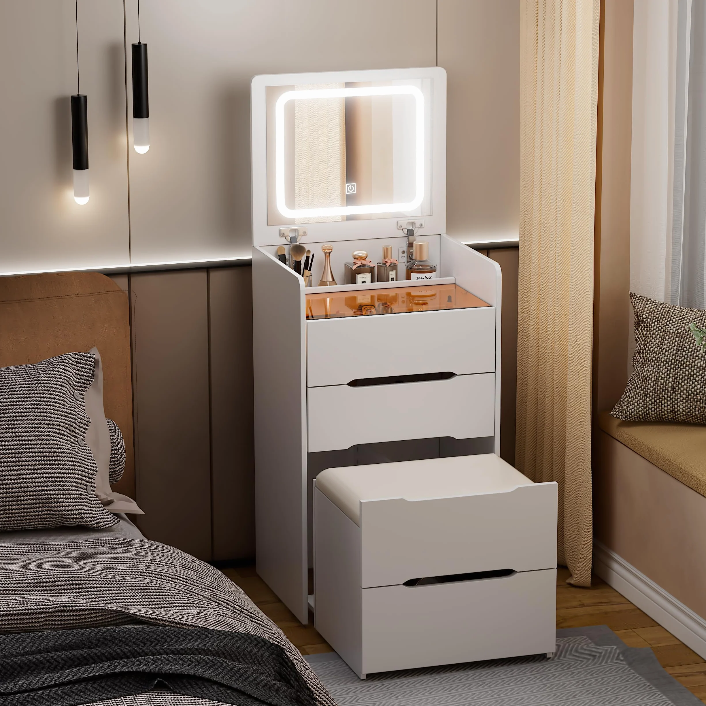 Tocador 3 en 1 con espejo abatible & Luces LED de Brillo Ajustable Escritorio de tocador con escritorio de vidrio visible,Mesa de Maquillaje con 3 cajones,Taburete acolchado Tocador,Producto Patentado