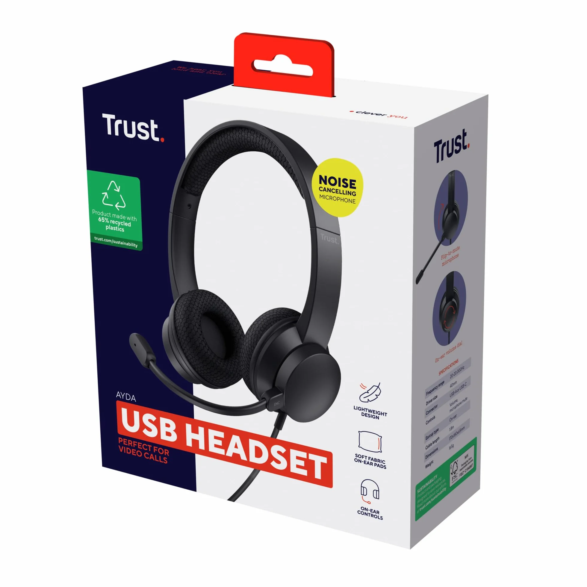 Trust Ayda USB Auriculares con Micrófono PC ENC con Cancelación de Ruido, 65% Plástico Reciclado, Cable 1,8 m, Control de Volumen Supraaural, Cascos On Ear USB-C Ordenador, Portátil, Teams, Negro