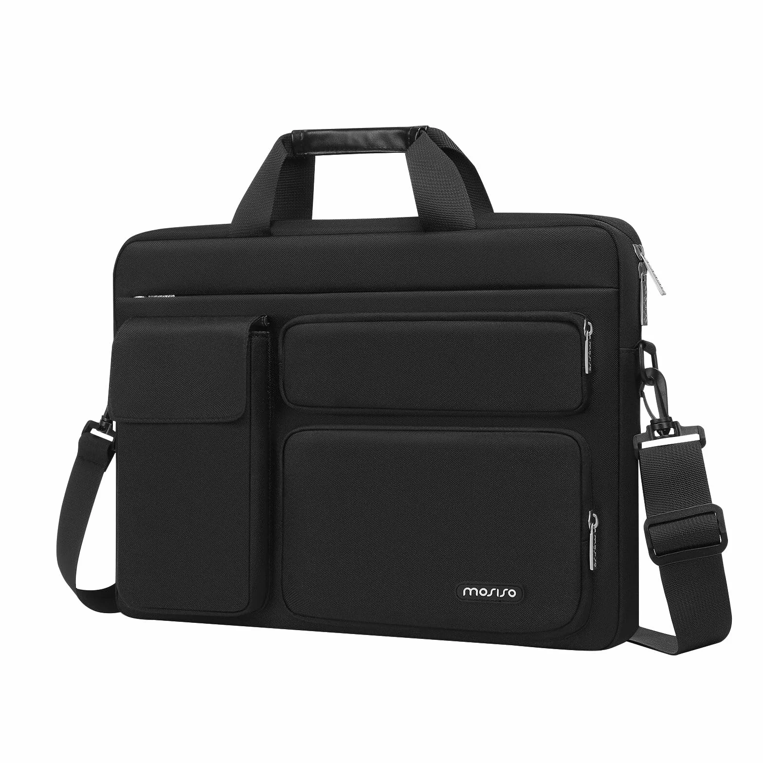 MOSISO Bolso Bandolera Portátil, Maletín con 2 Bolsillos Elevados&1 Solapa&1 Bolsillo Horizontal&Asa&Cinturón, Compatible con MacBook HP Lenovo Dell ASUS Acer, Negro, 16 Pulgadas