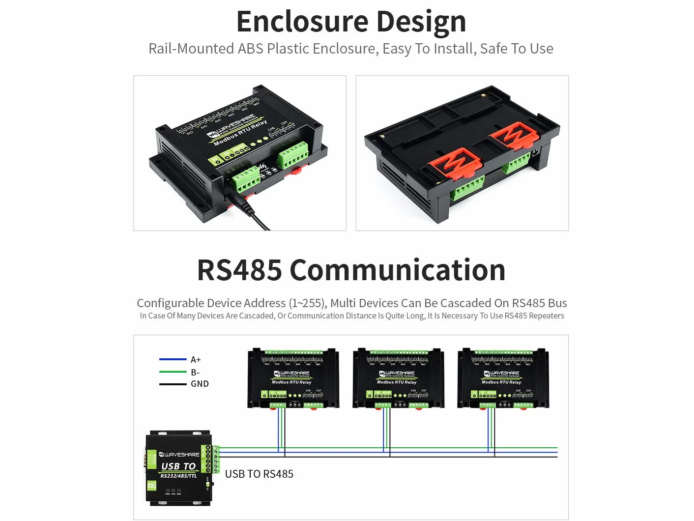 Waveshare Industrial Modbus RTU Relay Module 8-Ch RS485 Multi Isolation Protection