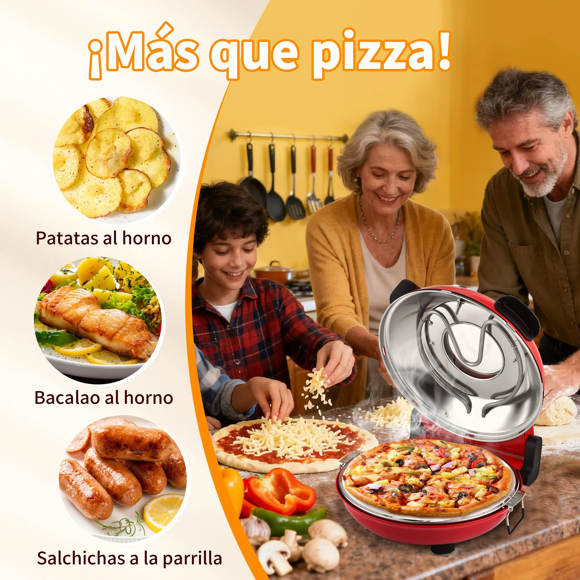 Horno Pizza Eléctrico 4 Minutos, Piedra Refractaria Desmontable, 420℃, Ventana Visualización, Rojo