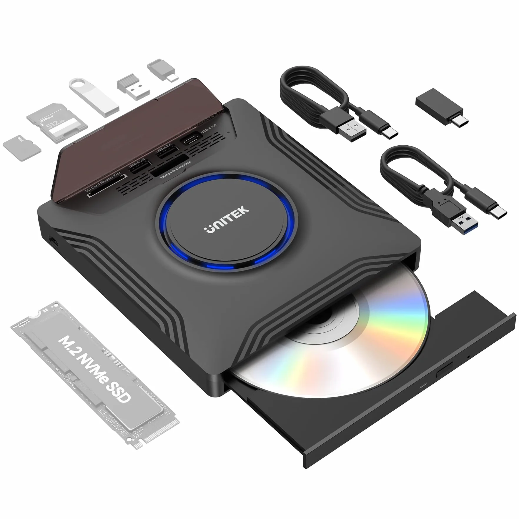 Unitek Unidad externa de CD y DVD, unidad de disco óptico USB 3.0 tipo C, 3 puertos USB/interfaz M.2 y ranuras para tarjetas SD/Micro SD, grabadora de CD/DVD portátil 7 en 1 para portátil Windows/Mac