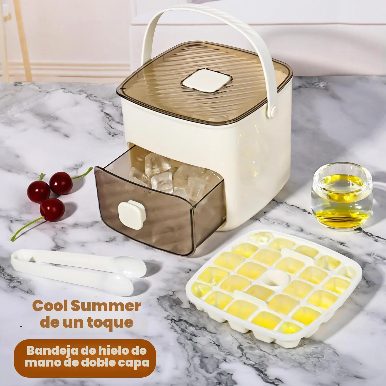 Máquina para hacer hielo, libera cubitos en un segundo, bandeja para 48 cubitos con asa y pinzas