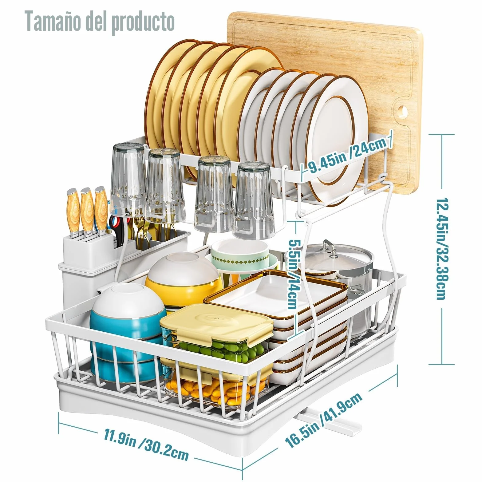 Escurreplatos 2 Niveles Cocina con Bandeja Goteo Soportes Tabla Cortar Encimera