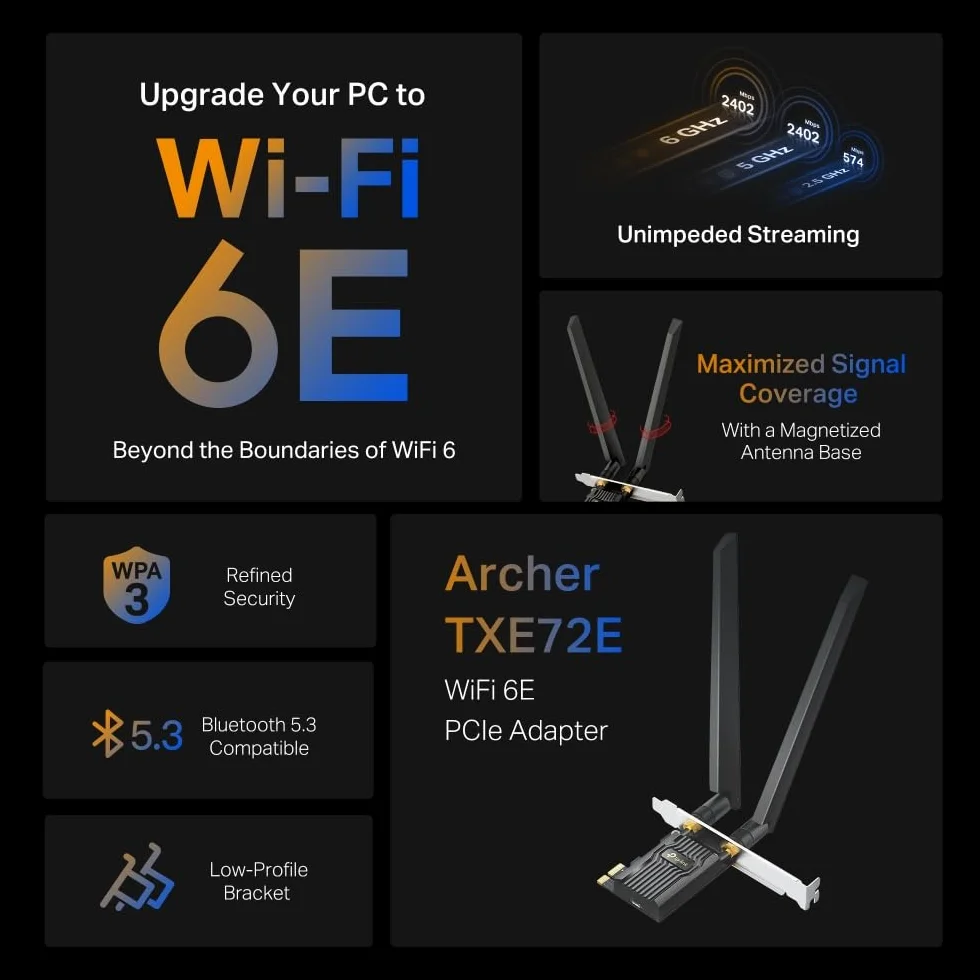TP-Link Archer TXE72E - Tarjeta PCIe WiFi 6E AXE5400 Mbps con Bluetooth 5.3 para PC, Triple Banda (2.4G/5G/6GHz), Antenas de Alta Ganancia, Compatible Windows 11/10, WPA3