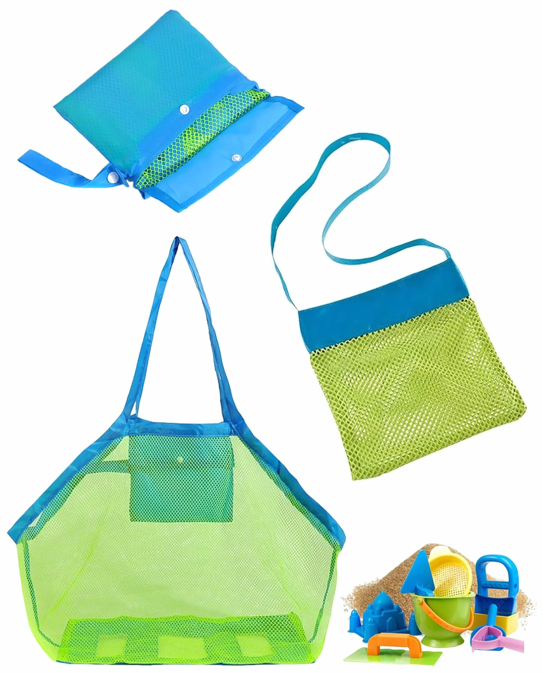 Bolsa de Malla de Playa de Poliéster 2 Unidades,Tamaño Grande y Pequeño,Bolsa Plegable Portátil Reutilizable para Almacenar Juguetes de Playa para Niños