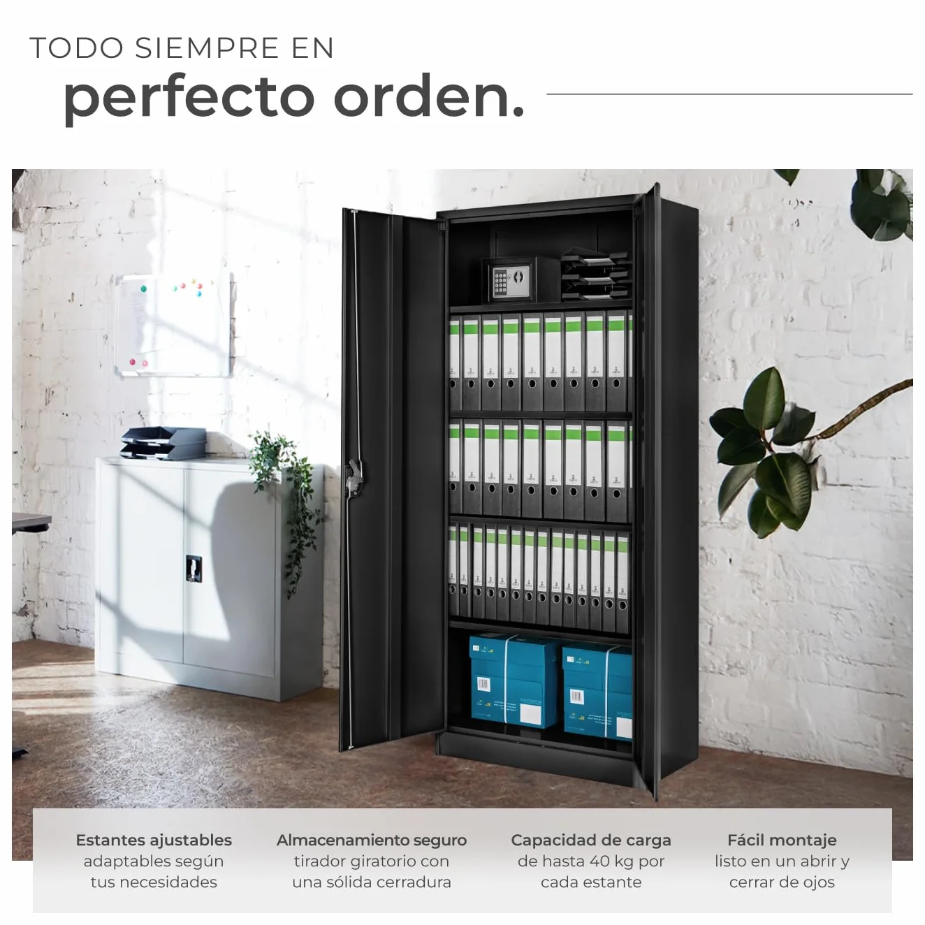 Armario Archivador Oficina Acero 180x80x40 cm Negro con Cerradura 4 Estantes Ajustables