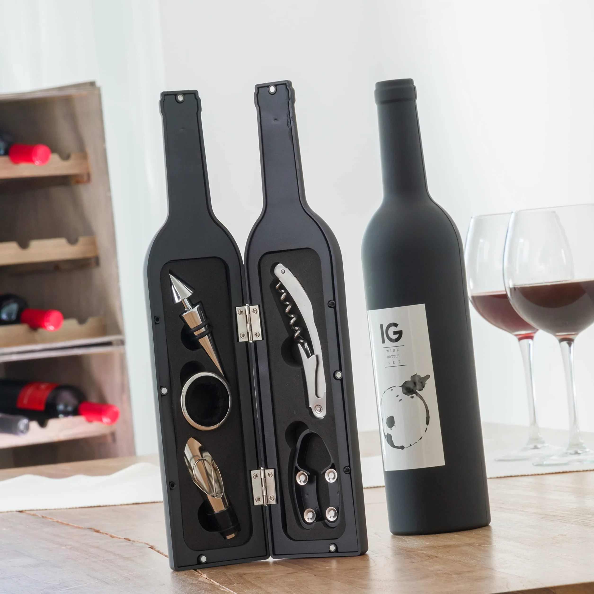 InnovaGoods Juegos de Accesorios para Vino, Set 5 Piezas, Sacacorchos con Estuche, Acero Inoxidable, Negro