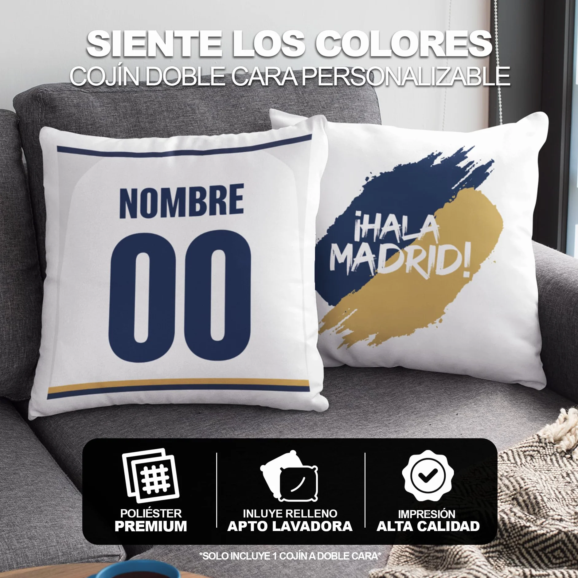 Cojín Personalizado Fútbol Doble Cara 40x40 cm Regalo Aficionados Madrid