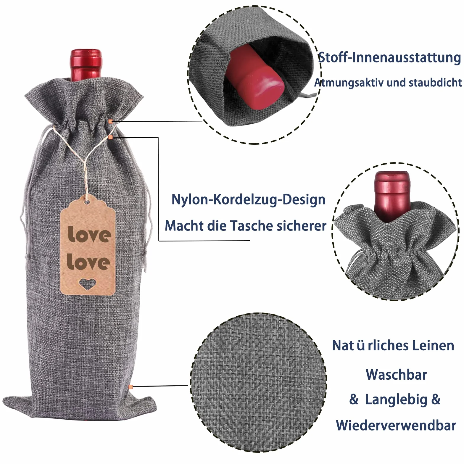 Bolsas de lona para vino con cordón, reutilizables (Gris)