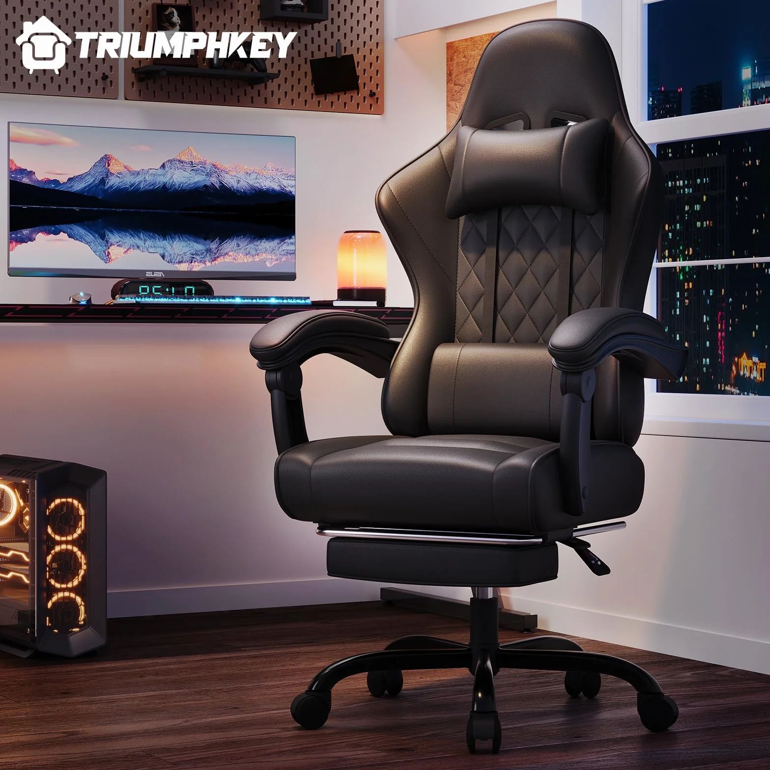 TRIUMPHKEY Silla Gaming Ergonómica con Masajeador, Reclinable 90-150°, 150 kg, Negro