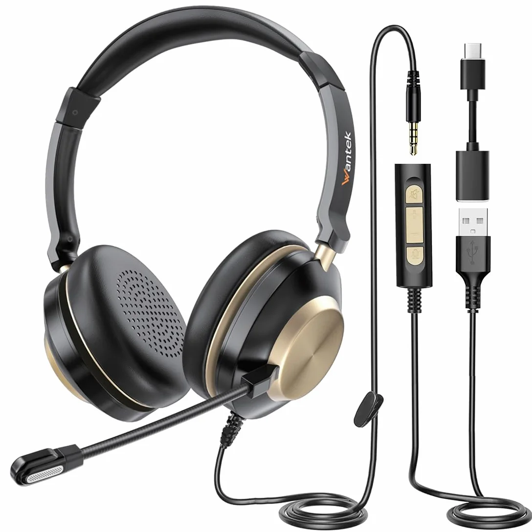 Wantek Auriculares USB con micrófono para PC y portátil, Auriculares Ajustables con cancelación de Ruido para Oficina y Negocios