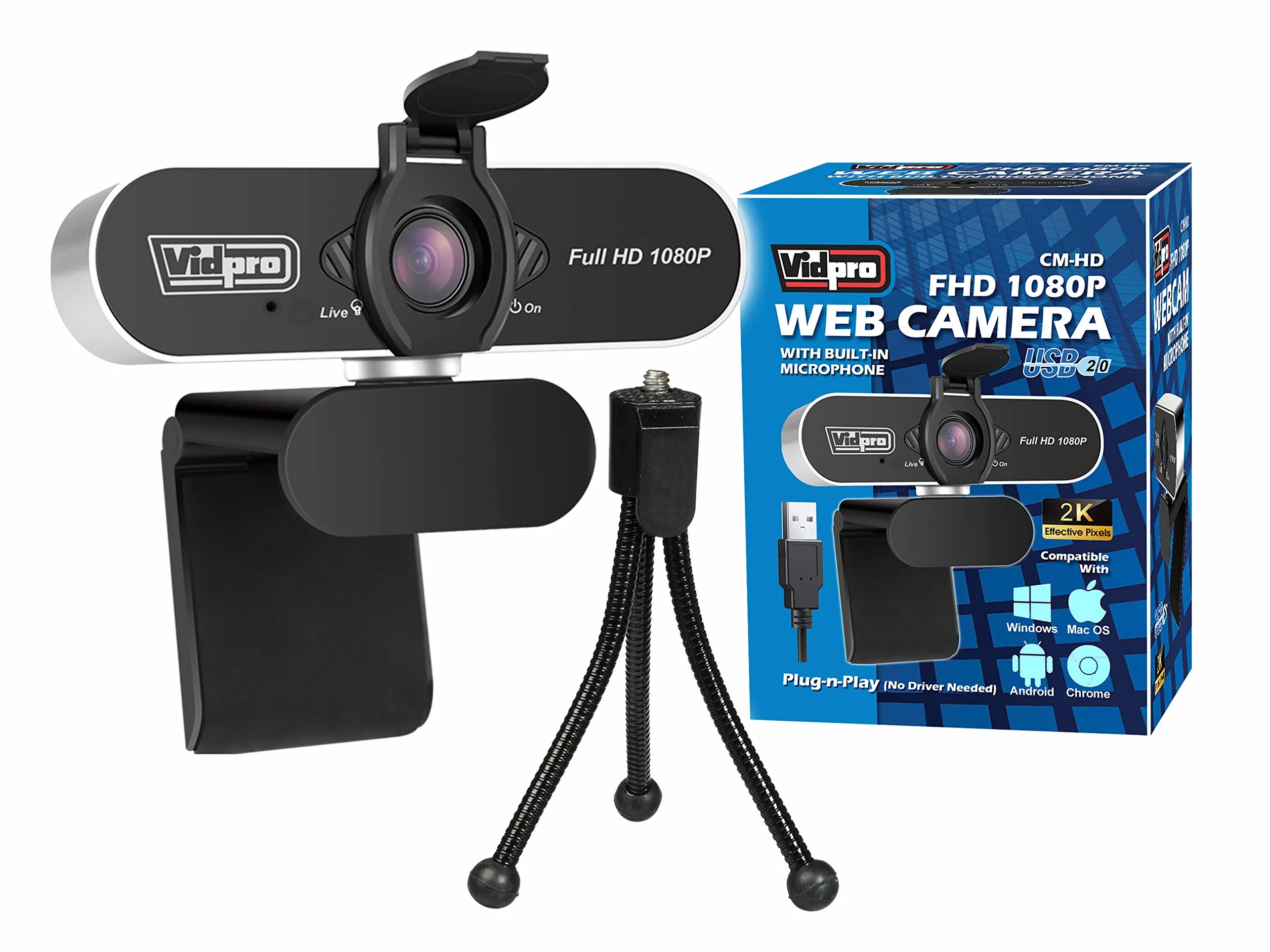 Vidpro cámara web en HD con micrófono y trípode 1080P Full HD USB para ordenador web Plug and Play para videoconferencias Zoom Reuniones Transmisión de videojuegos. Funciona con Windows Mac Android