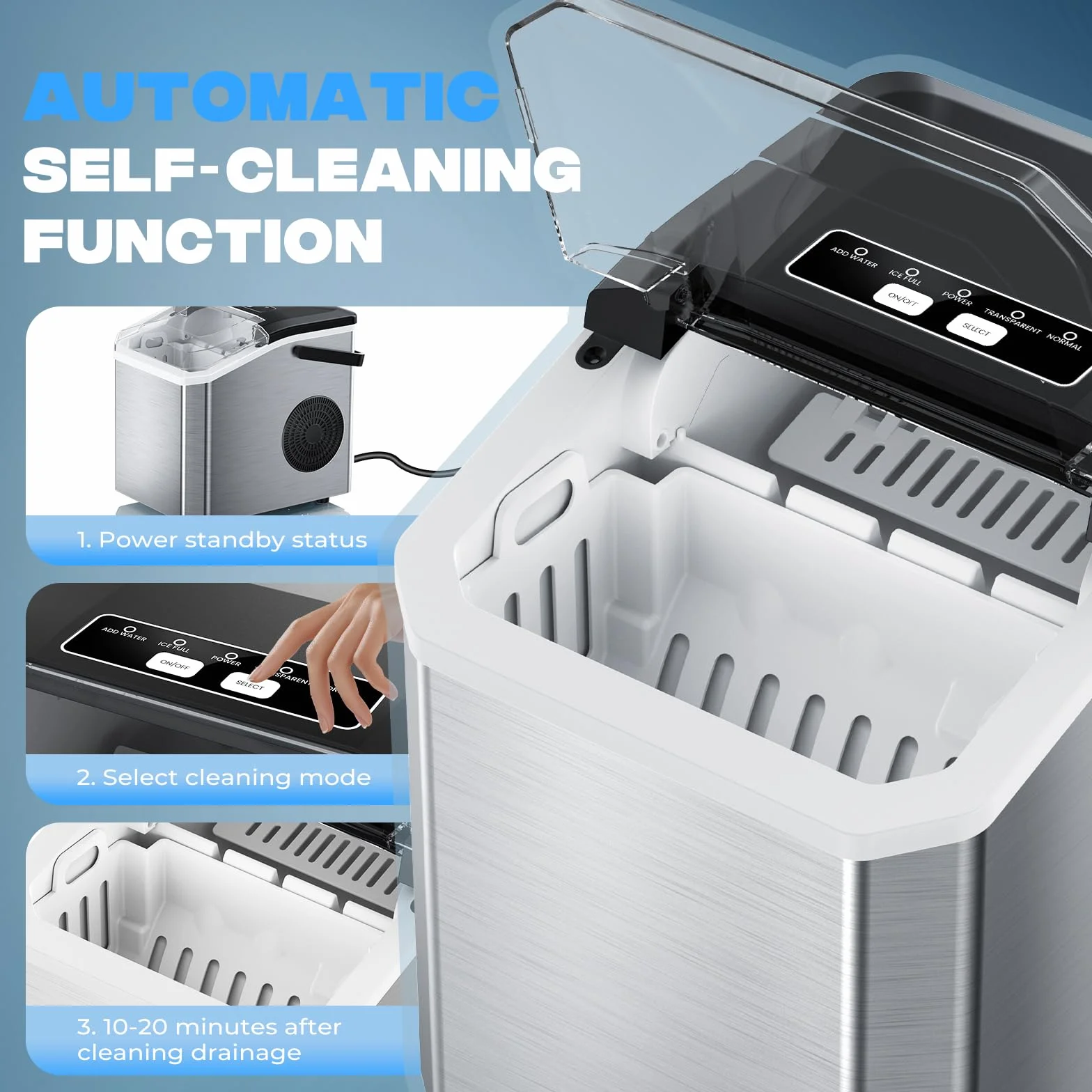 Máquina de Hielo Portátil 15kg/24h, 9 Cubitos en 6 Min, 2 Tamaños, Autolimpieza, Incluye Pala y Cesta, Negro/Acero